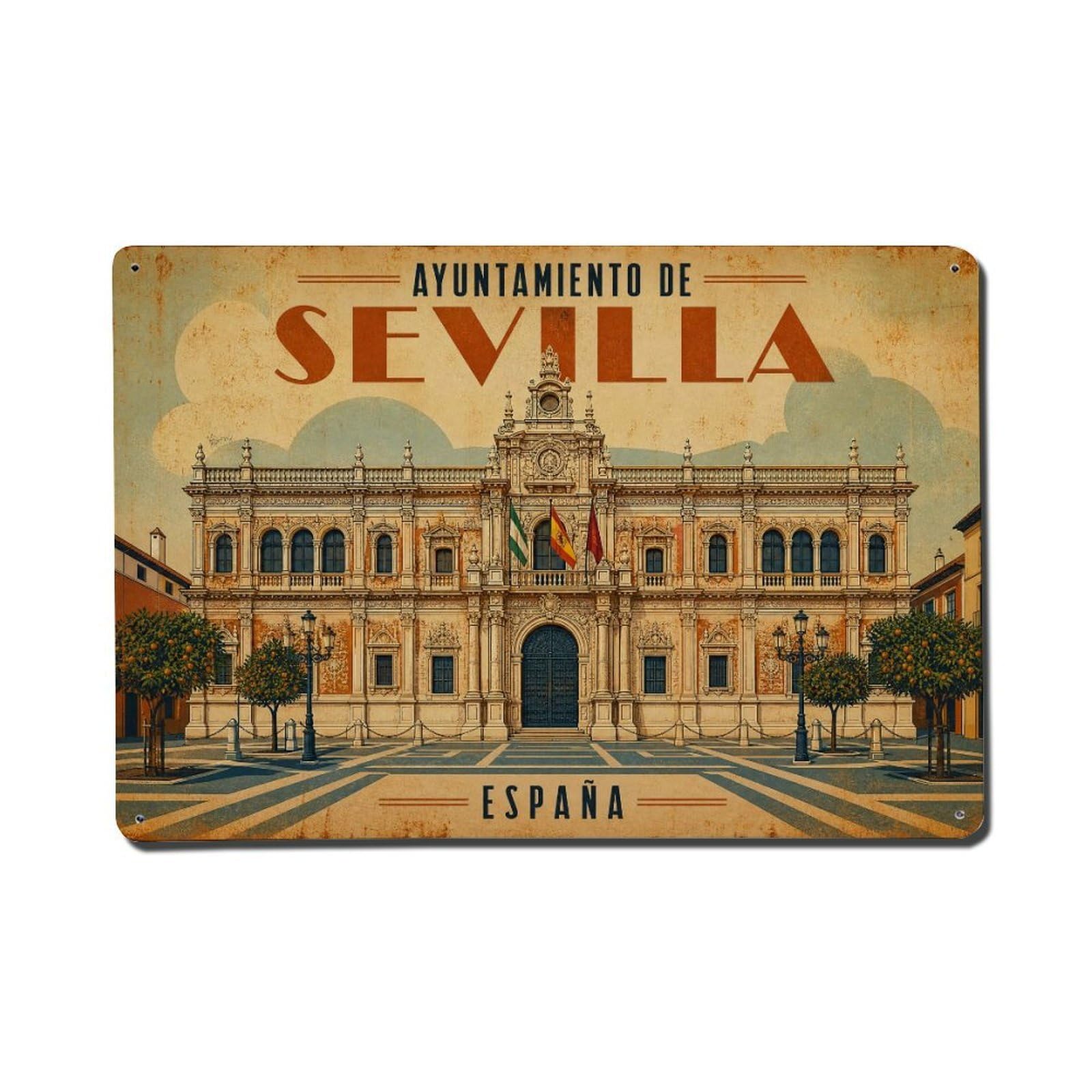 Vintage Travel Ayuntamiento Seville City Hall Plateresque Metal Tin Sign