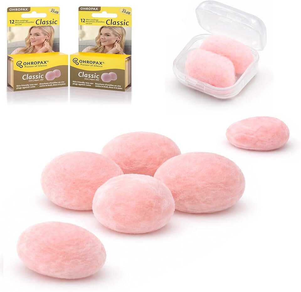 Pacote com 2 protetores de ouvido Ohropax reutilizáveis de cera/algodão (24 plugues no total) com estojo de transporte transparente