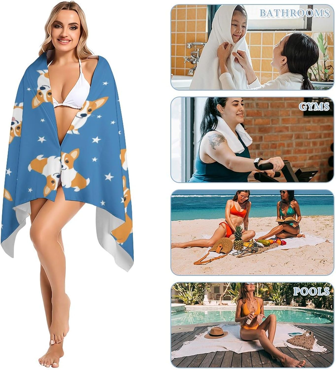Cute Corgi Bath Towel Beach Towels Quick Dry Oversized Bath Blanket Highly Absorbent Towel for Women Men 160x80cm