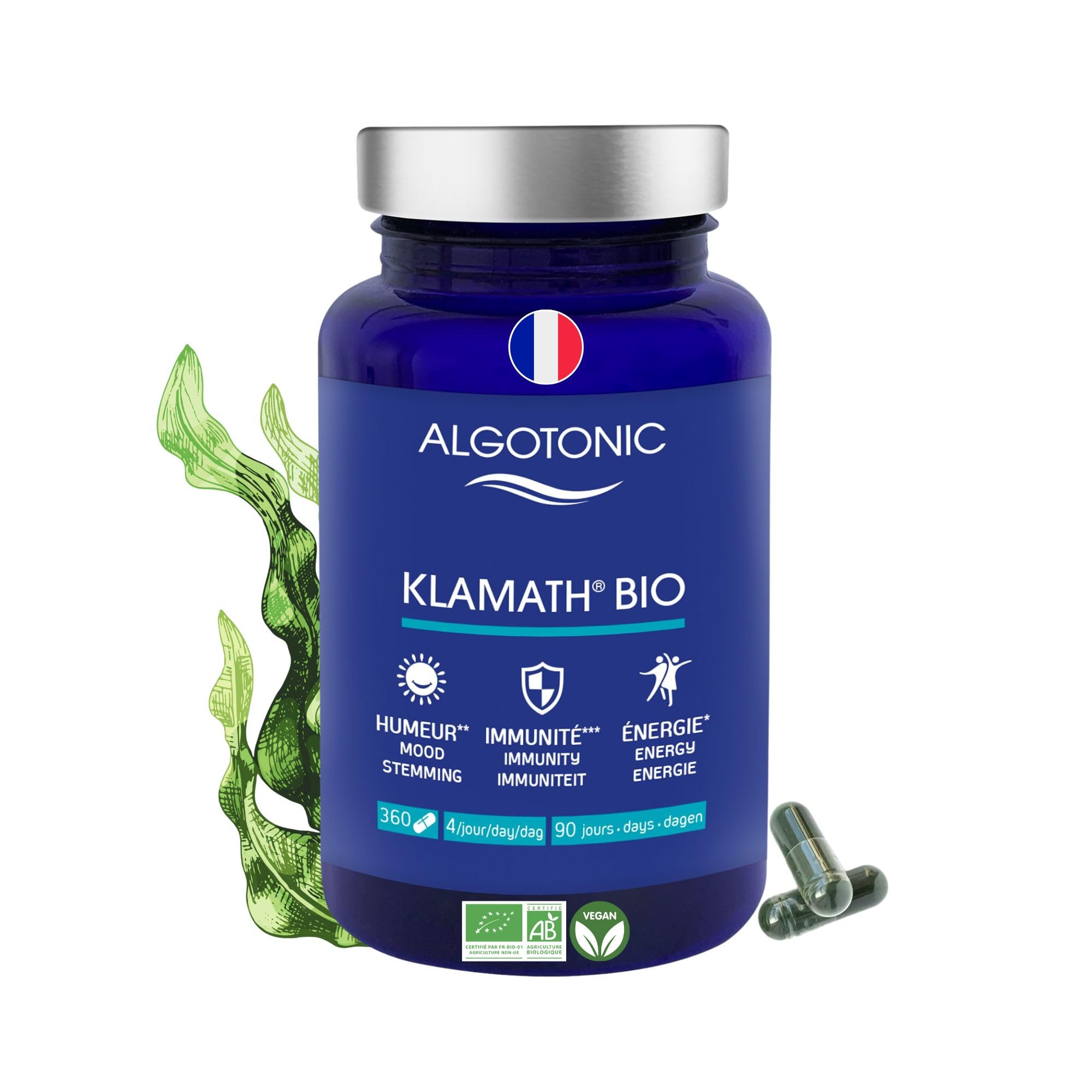 Klamath Bio - 360 gélules - Complément Alimentaire pour l'Humeur, l'Immunité et l'Énergie mentale et physique - Contient de la Vitamine B12 & Vitamine K - Phycocyanine Protection 6