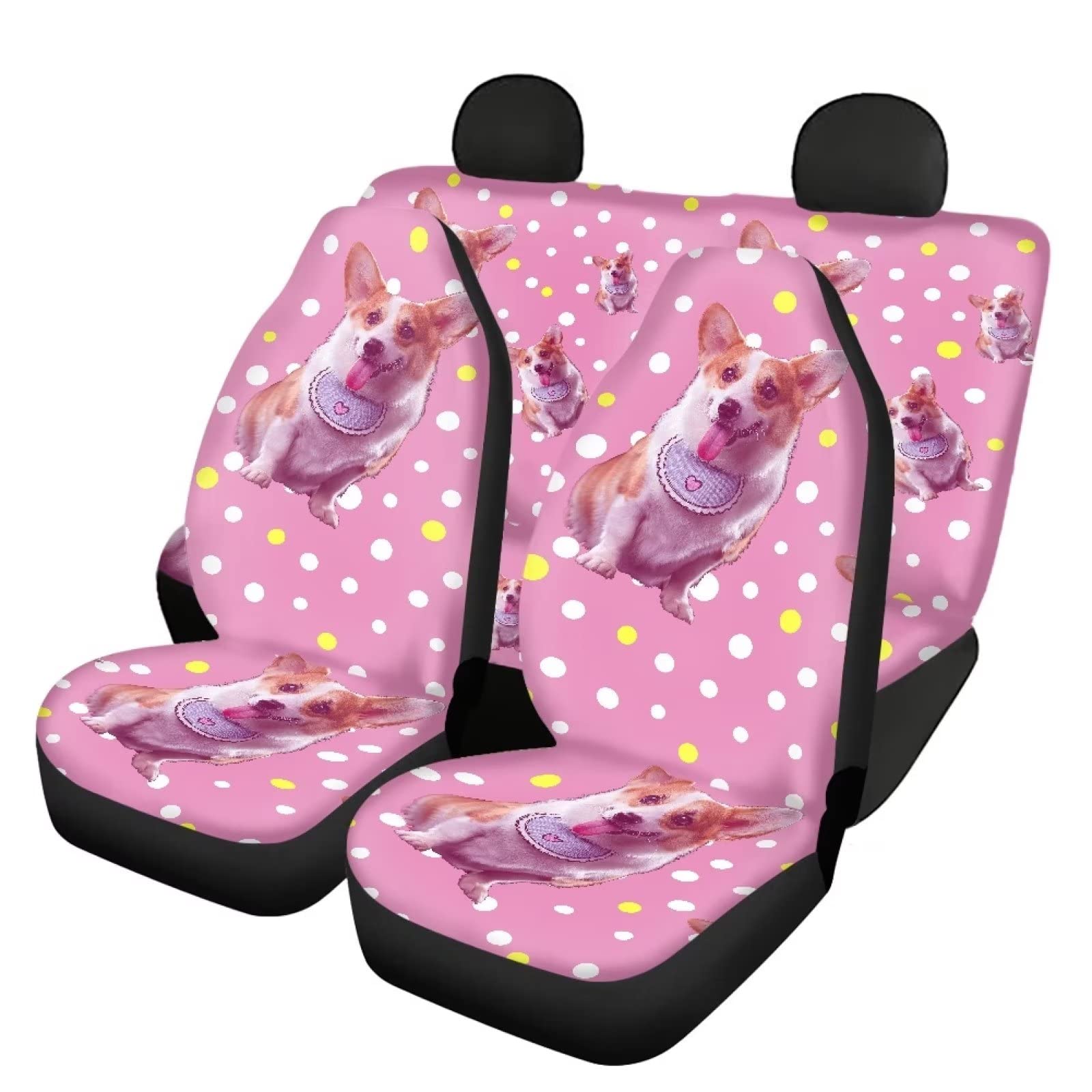 Modysero Yellow Polka Dots Corgi Print Pink Car Set Cover Full Set Durable Soft Front Rear Bench Seat Cover Set for Women Elastic Breathable Automotive Seat Protector Universal Fit All Cars Trucks