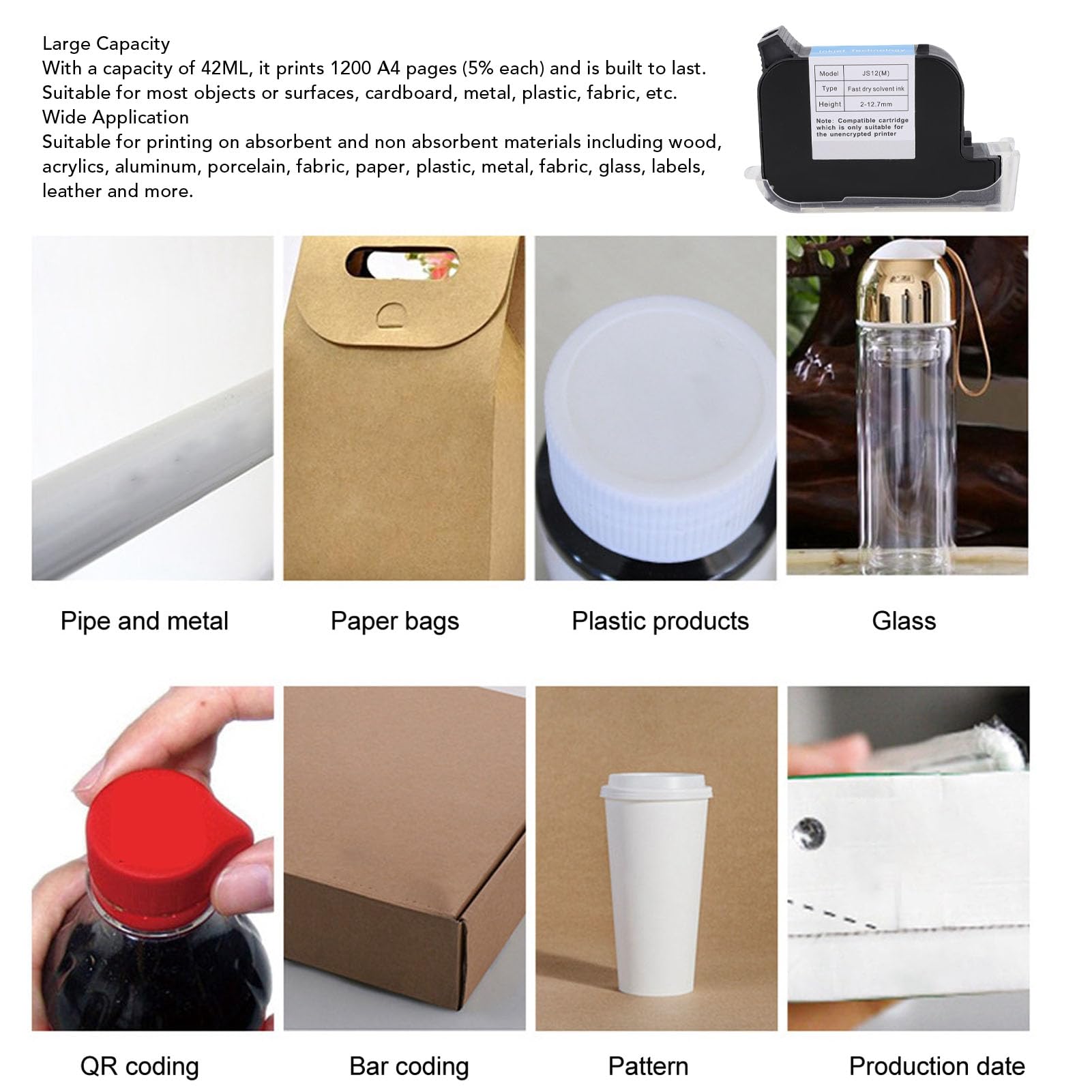 Cartuccia della stampante a getto d'inchiostro portatile Essiccazione rapi Capacità nera 42 ml, fino a 1200 Pagine A4, Asciugatura Veloce, per Legno, Plastica, Metallo, Vetro, Tessuto