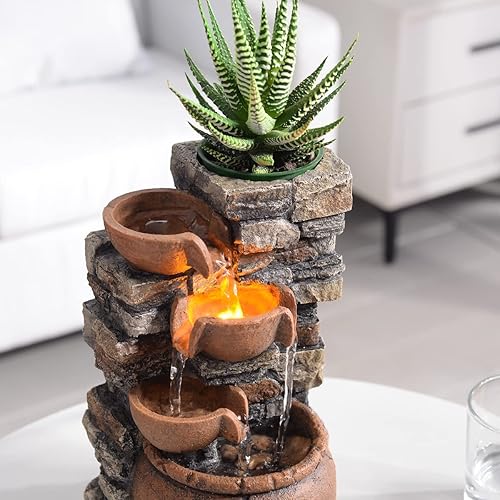 Miniatura 2 de Fuente interior de 4 tazones Rockery con sonido calmante para decoración del hogar y la oficina con una pequeña maceta de plástico para cultivar la