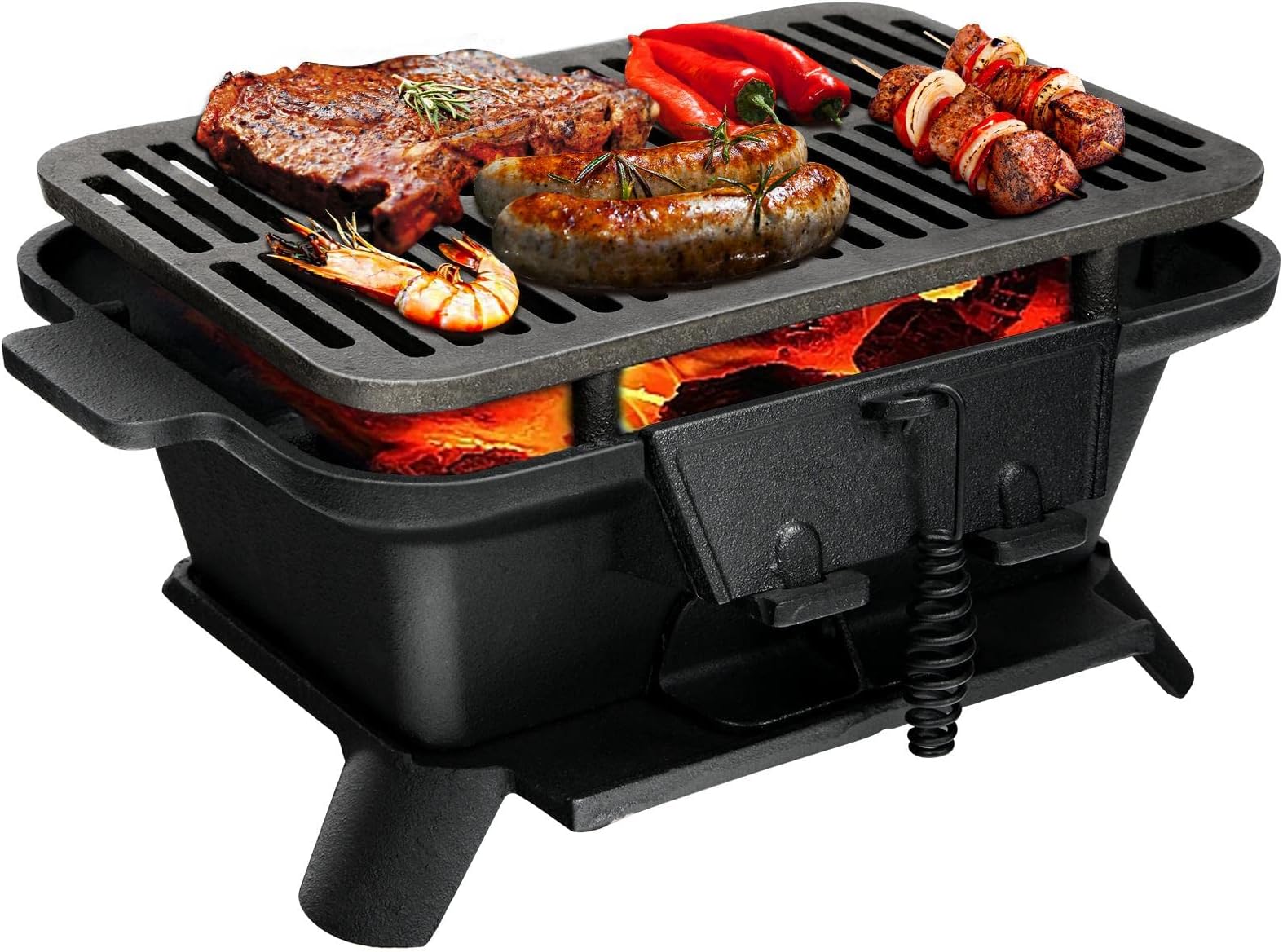 TANGZONCast Iron BBQ Grill, Portable Pre-Seasoned Charcoal Grill Stove with Double Sided Grill Grid, Air Control & Coal Door, Indoor Outdoor Hibachi-Charcoal Grill for Camping Picnic Party