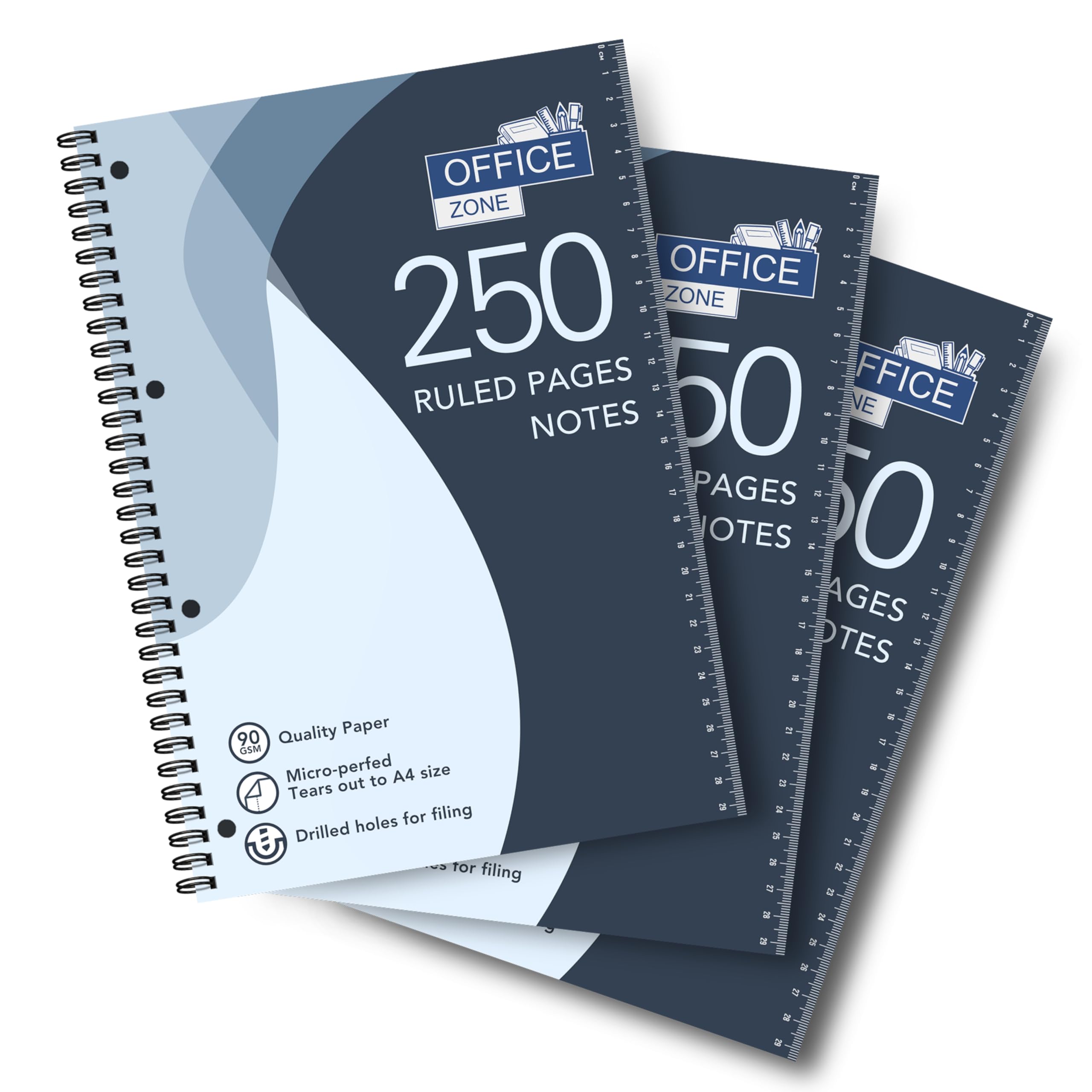 Office Zone 250 Ruled Pages Notebook - Pack of 3 | Premium 90gsm Quality Paper | Micro-Perforated Tear-Out Sheets to A4 Size | Drilled Holes for Filing | Integrated Ruler Scale on Front Cover — image 1