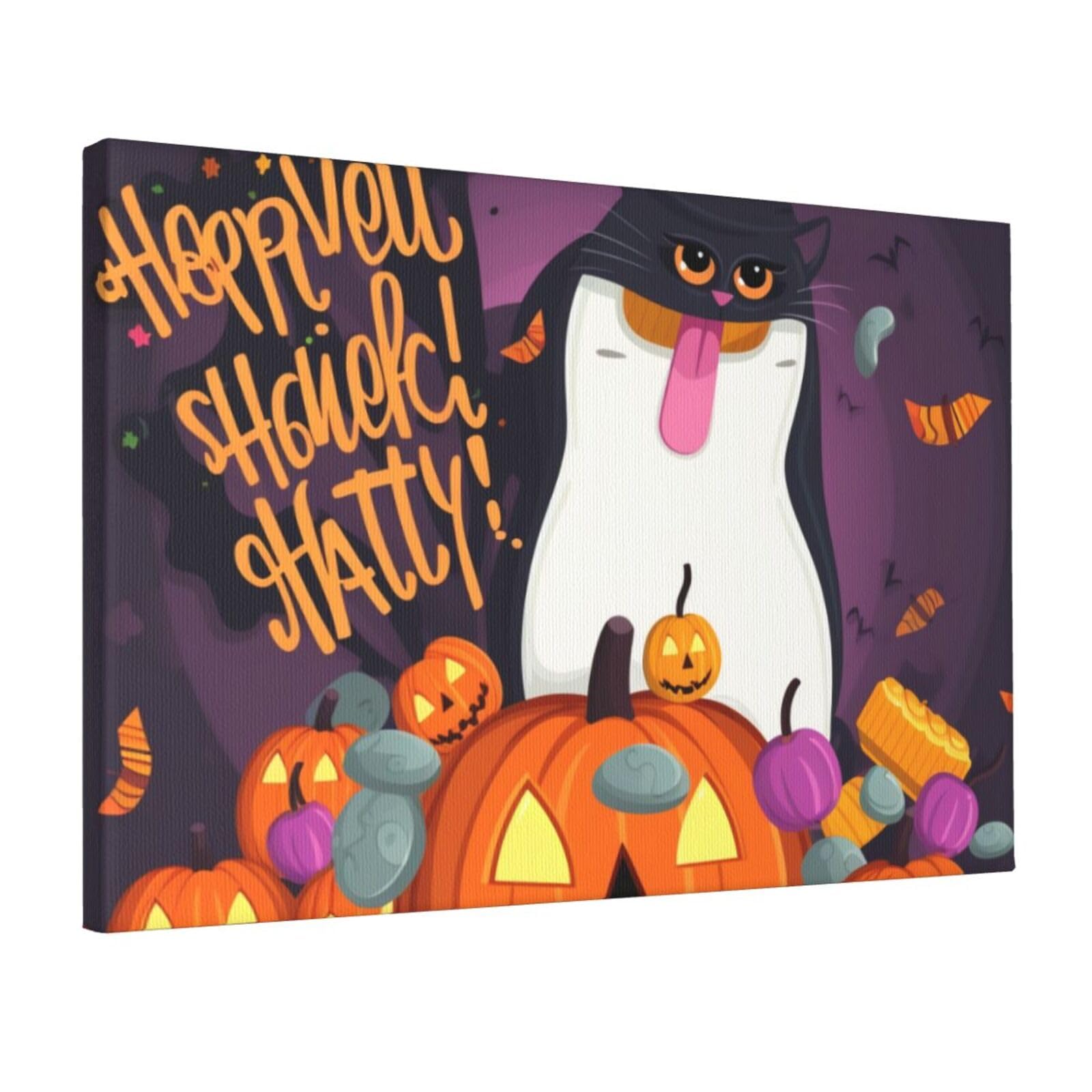 YKLJG Happy-Halloween Printed Wall Art Canvas Prints 45x30 CM Wooden Framed Picture Painting Artwork for Bedroom Kitchen Home Office Decor