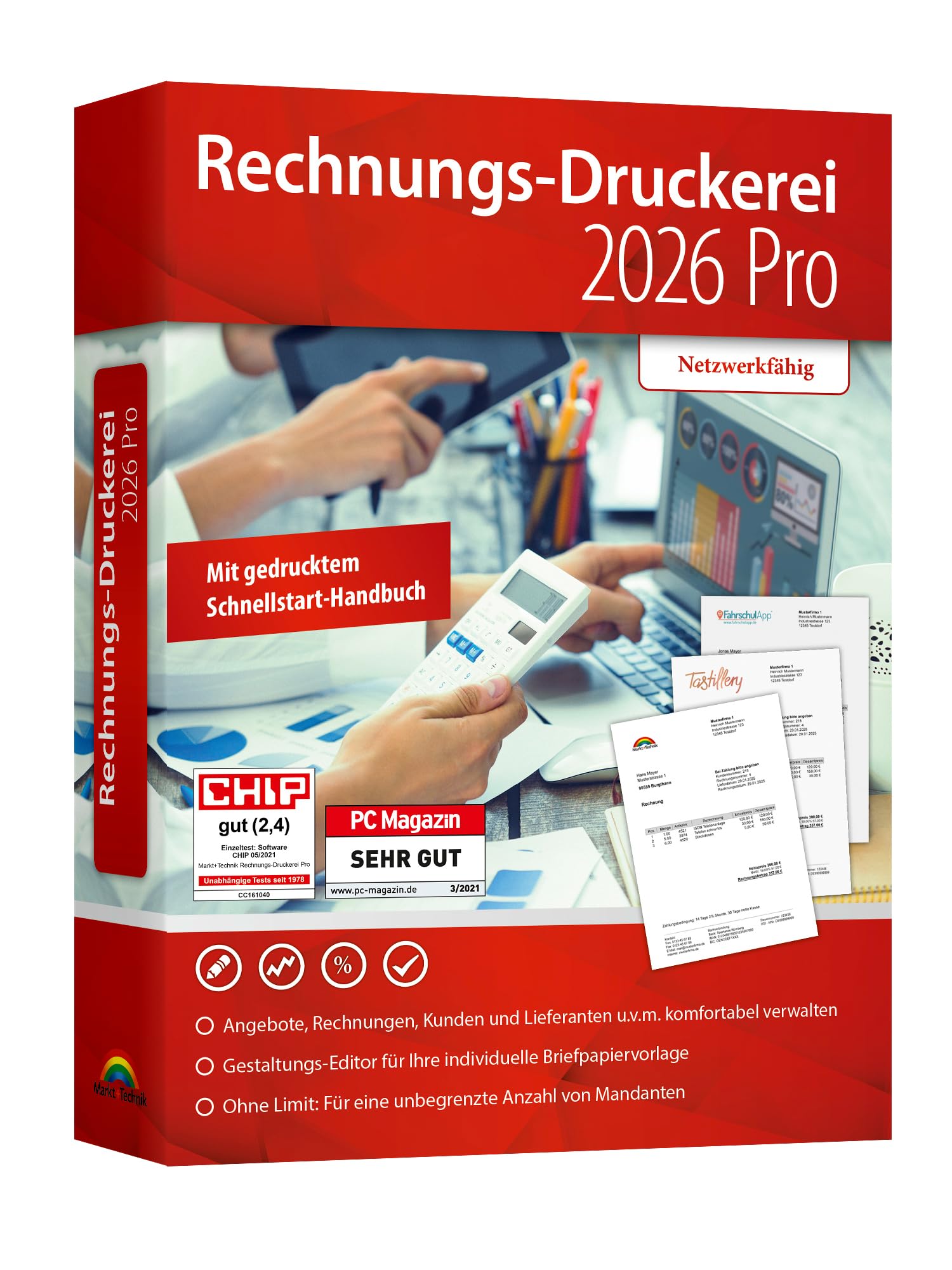 Rechnungsdruckerei 2026 PRO für Unternehmer und Handwerker - Rechnungen, Lieferscheine, Angebote, Auftragsbestätigungen, Mahnungen schreiben - kompatibel mit Windows 11, 10, 8.1, 7