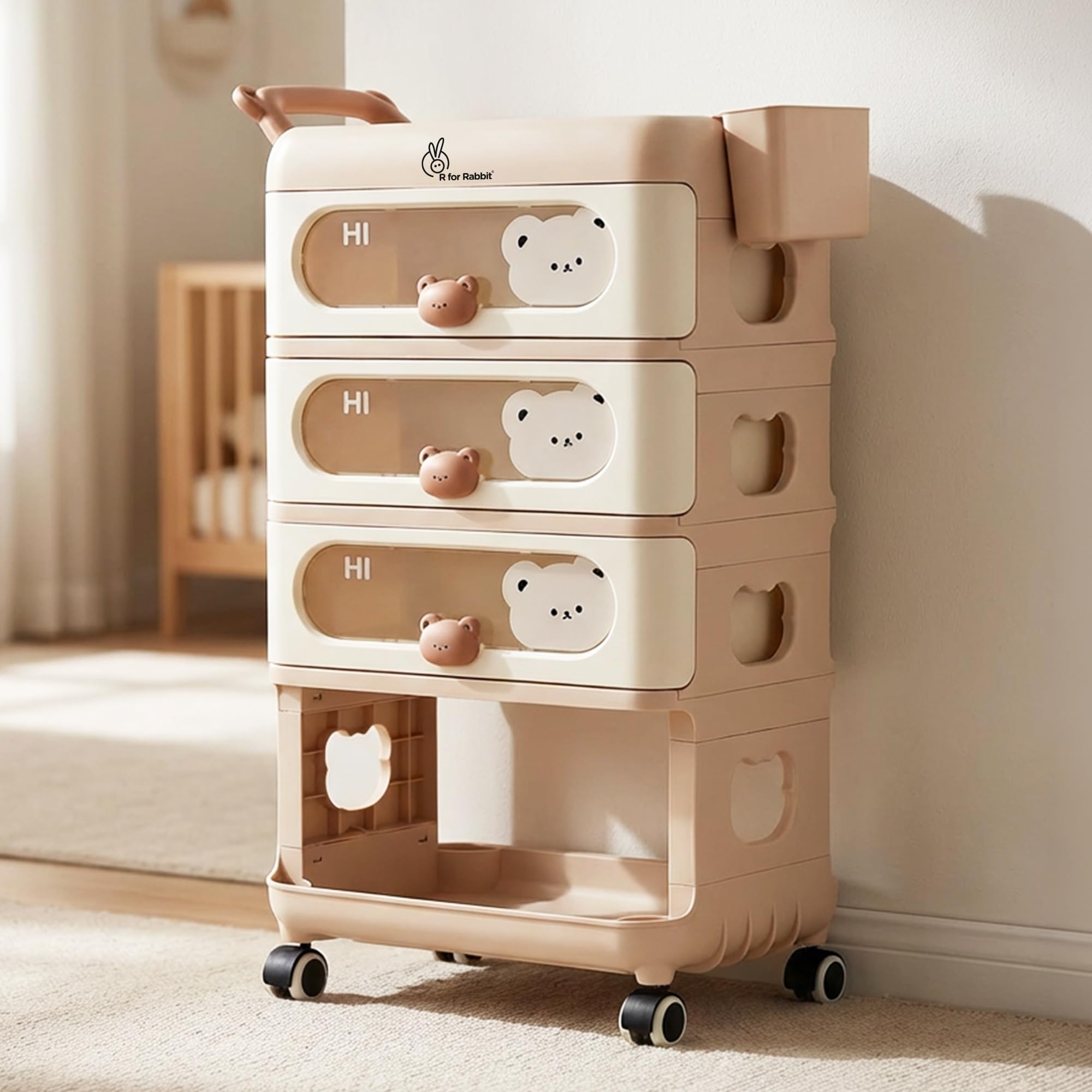R for Rabbit Kiddo Korner Bear Baby Organiser with Drawers & Wheels | Kids Toy & Clothes Storage with Open Shelf & Side Basket | Easy Plug N Play Installation with Lockable 360° Wheels (Brown Cream)