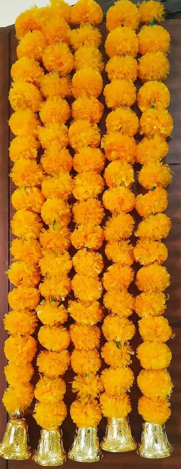 Artificial Marigold Fluffy Flowers with Hanging Bells Garlands Door Toran Set/Door Hangings for Decoration (2.5ft -10 Strings Orange)
