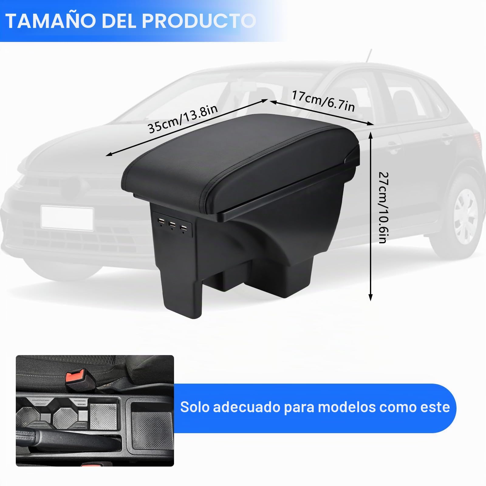 Apoyabrazos Compatible con VW Polo 2019 2020 2021 2022 2023 2024 Apoya Brazos Coche Consola Reposabrazos Central Tapizado Caja de Almacenamiento Cuero con 3 Puertos USB - Cuero Negro de la PU