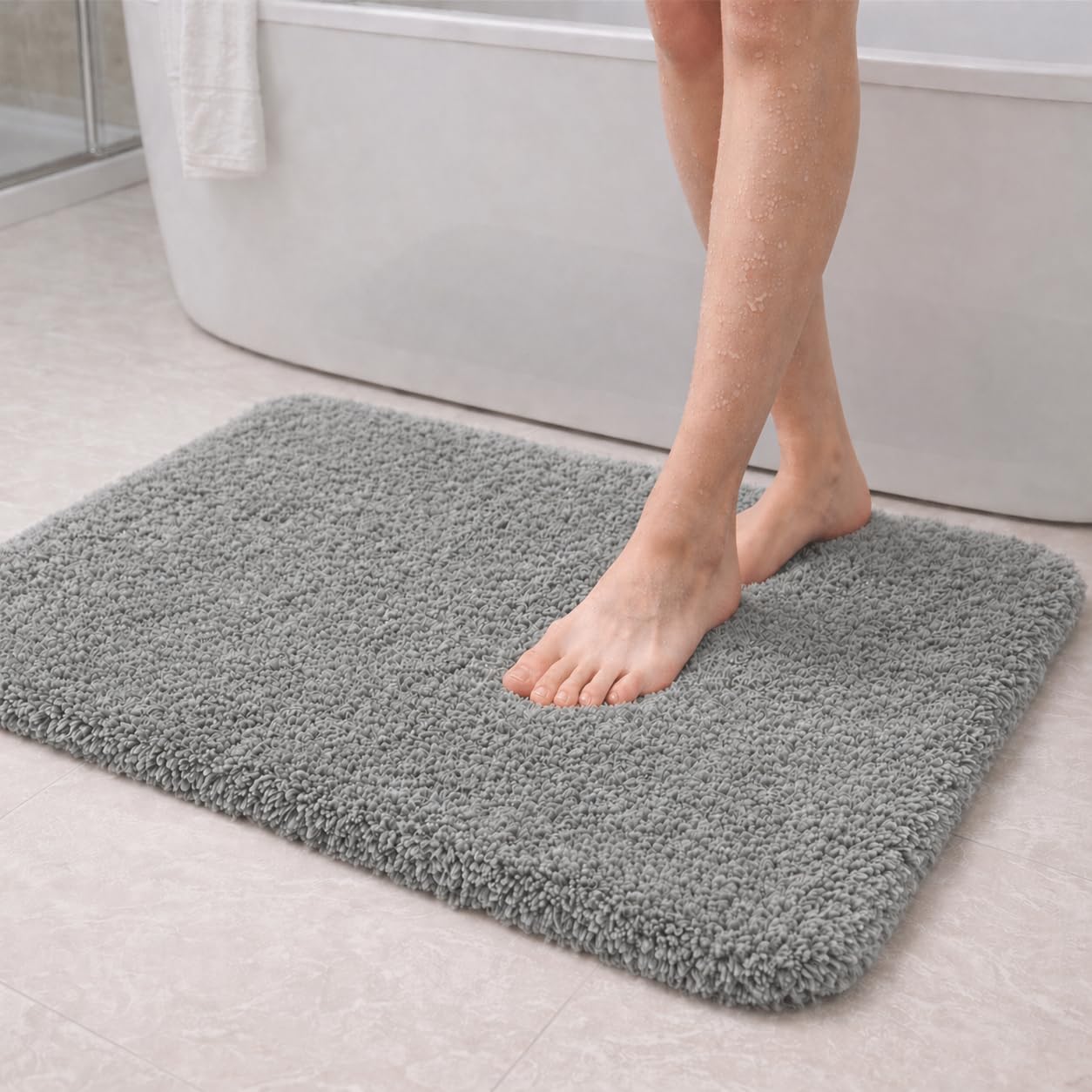PUFFMAT Microfibre Bath Mat 80 x 50 cm Grey, Absorbent Bathroom Rug with Soft Plush Pile and TPR Backing, Machine Washable Bathroom Mat for Shower, Bathtub, Toilet and Guest Bathroom