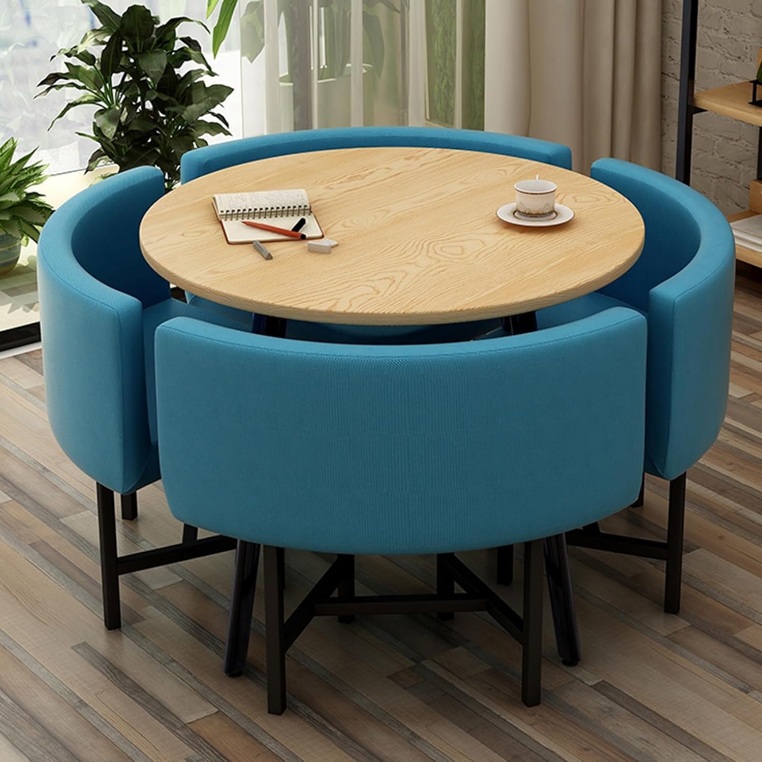 Conference Room Reception Negotiation Table Sets, Wood Grain Round Table and 4 PU Backrest Chairs, Load-Bearing Capacity 150kg/330lbs, Small Coffee Dining Table and Chair Set for 4(Blue)