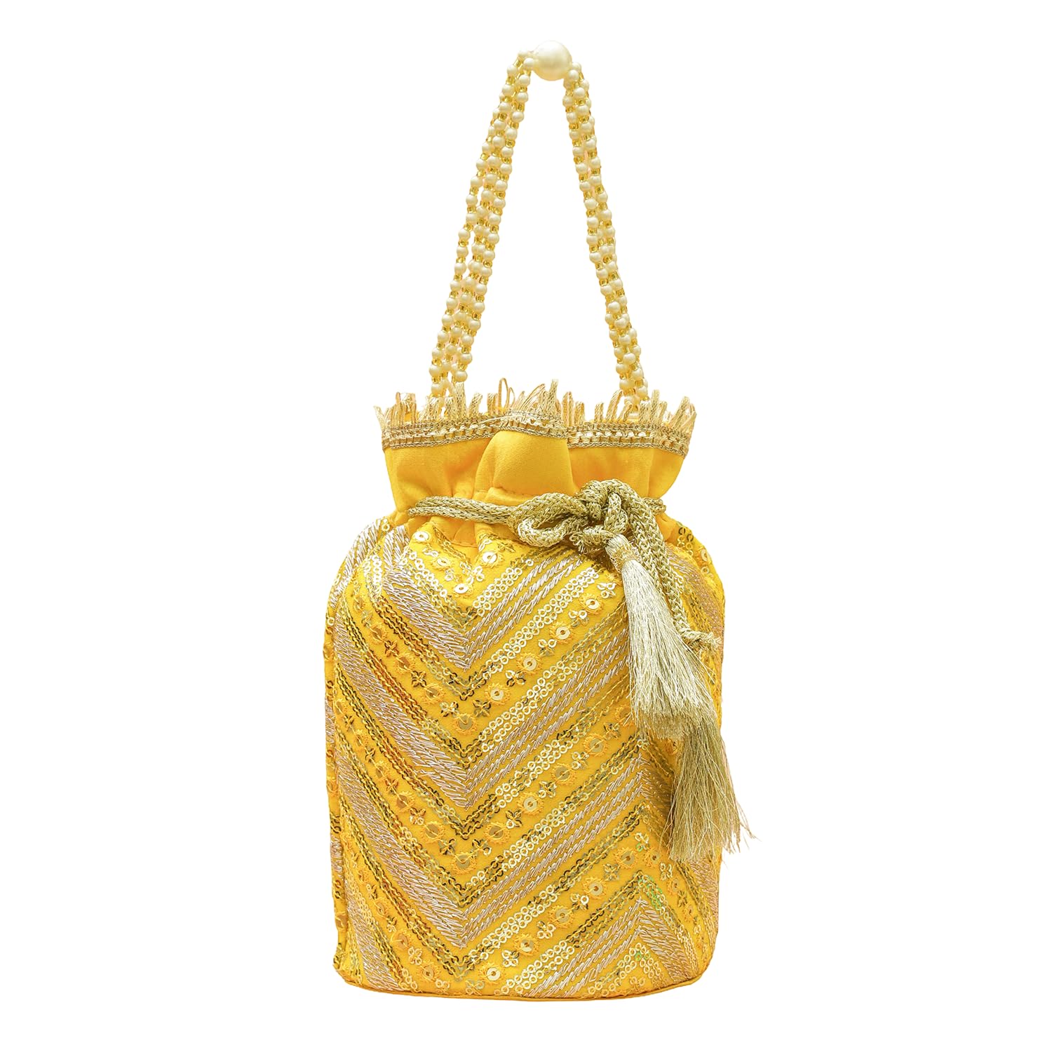 Yellow Embroidered Potli Bag with Pearl Handle Festive Handbag for Gift Women & Girls-image-40