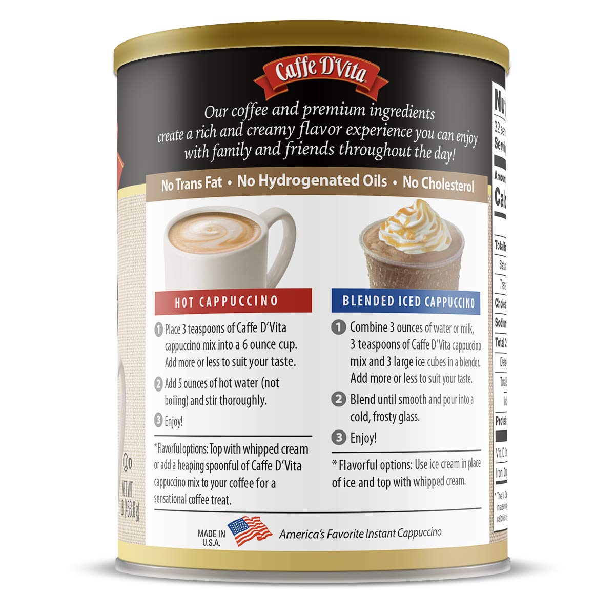 Caffe D'Vita Amaretto Cappuccino Mix - Amaretto Cappuccino Instant Mix, Gluten Free, No Cholesterol, Hydrogenated Oils, or Trans Fat, 99% Caffeine Free - 16 Oz Can, 6-Pack