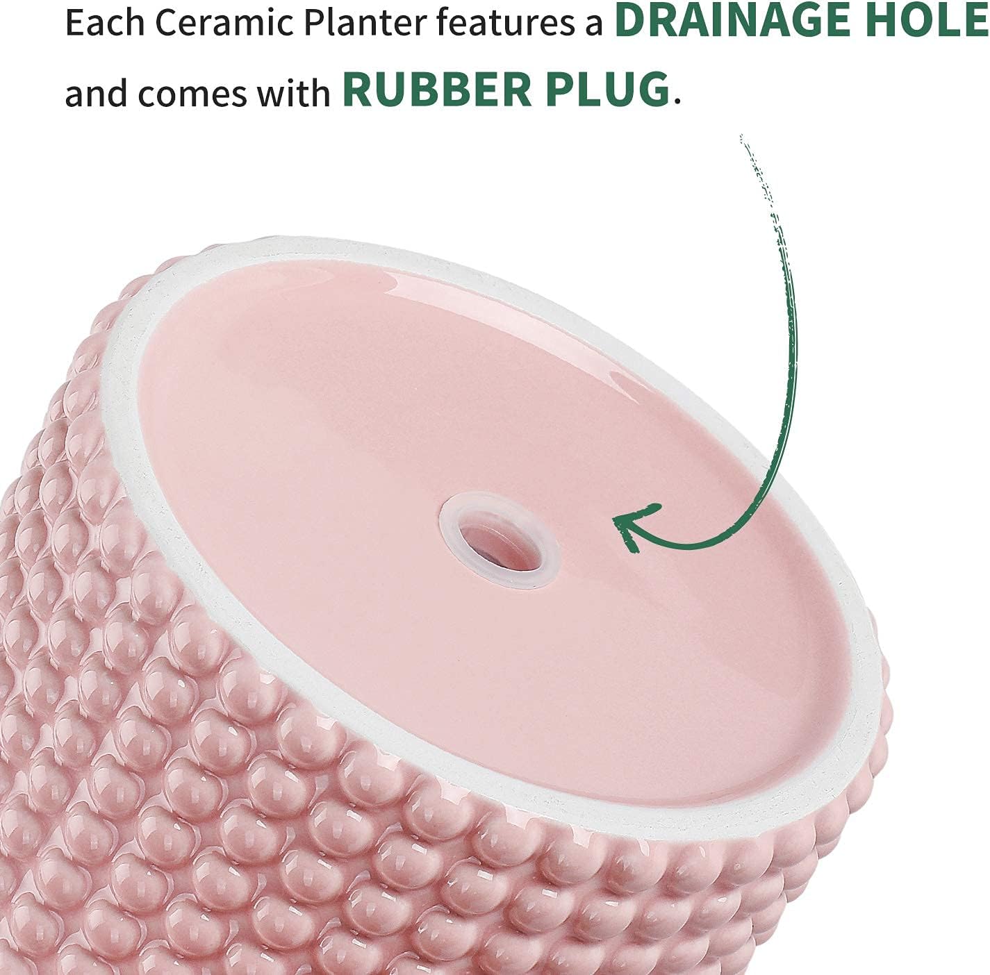 POTEY Pink Ceramic Vintage Style Hobnail Patterned Planter Pots 6 and 5 Inch Containers with Watering Drain Plug for Indoor Succulent Plants or Flowers