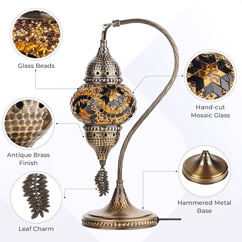Miniatura 5 de DEMMEX Lámpara de mesa marroquí turca, cuello de cisne, estilo Tiffany, mosaico de cristal, lámpara de mesita de noche para dormitorio, sala de