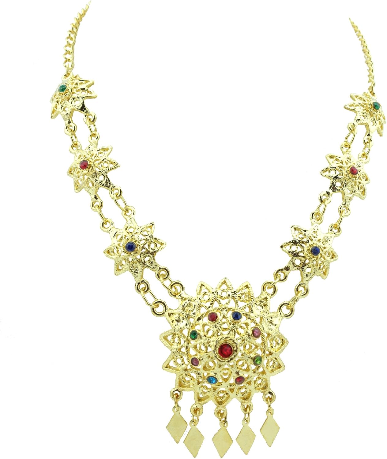 Thai Traditional Gold Plated Multicolor Crystals Necklace Earrings Bracelet Jewelry Set 18 Inches