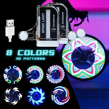 Rechargeable Bike Wheel Lights Waterproof LED Bicycle Spoke Lights with Rechargeable Batteries Included for Safe Cycling Kids Girls Boys Adults Mountain Bike BMX Bike Folding Bike(2 Pack)