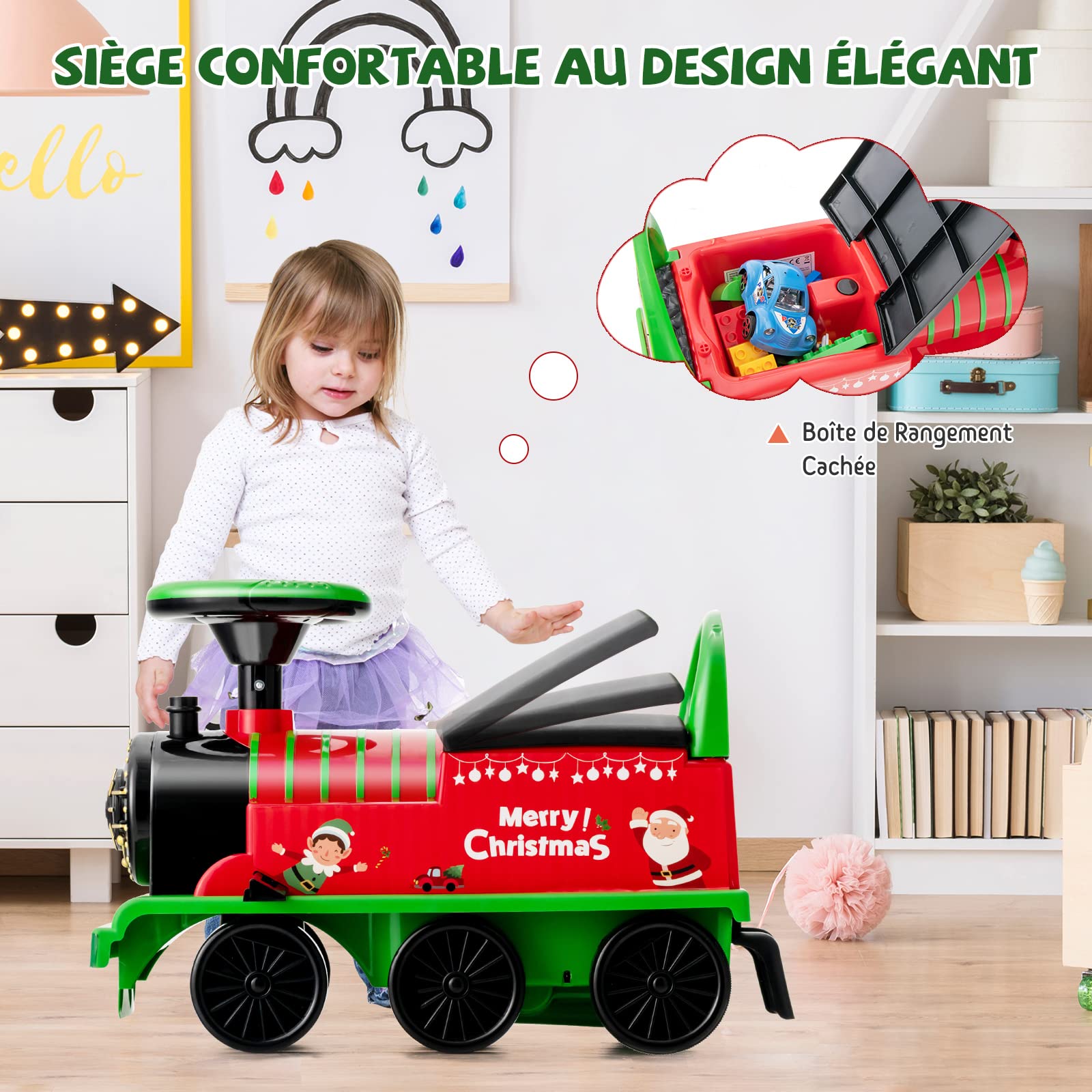 COSTWAY Train Porteur Electrique Enfants avec 16 Pièces de Rails, Voiture Porteur en Forme Lion avec Lumières & Sons, Boîte de Rangement Caché & 6 Roues, Charge 25kg pour Enfants de 3 Ans+