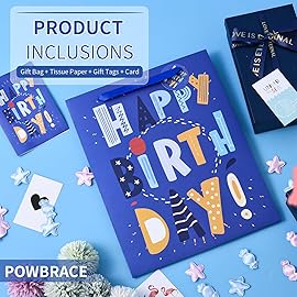 13 Blue Happy Birthday Bag with Tissue Paper and Greeting Card for Party,Happy Birthday Gift Bag for Kids, Boys, Girls, Baby Boy,Men Women,Gift Bags Medium size (1 PCS Blue, Kids Gift Bag)