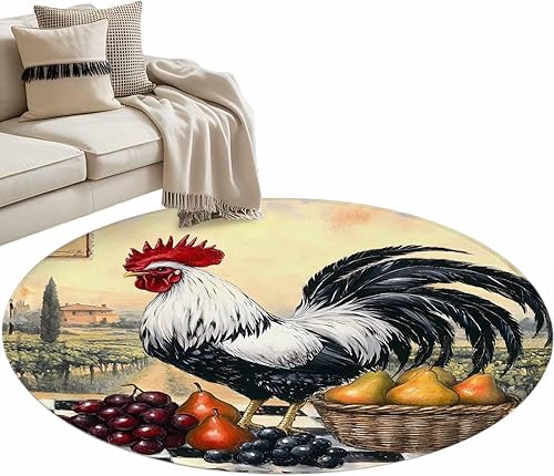 Miniatura 2 de 3ft Round Rug, Rooster Non-Skid Rubber Backing Large Area Rugs - Living Room Bedroom Home Office, Retro Pastoral Animals Watercolor Indoor Floor