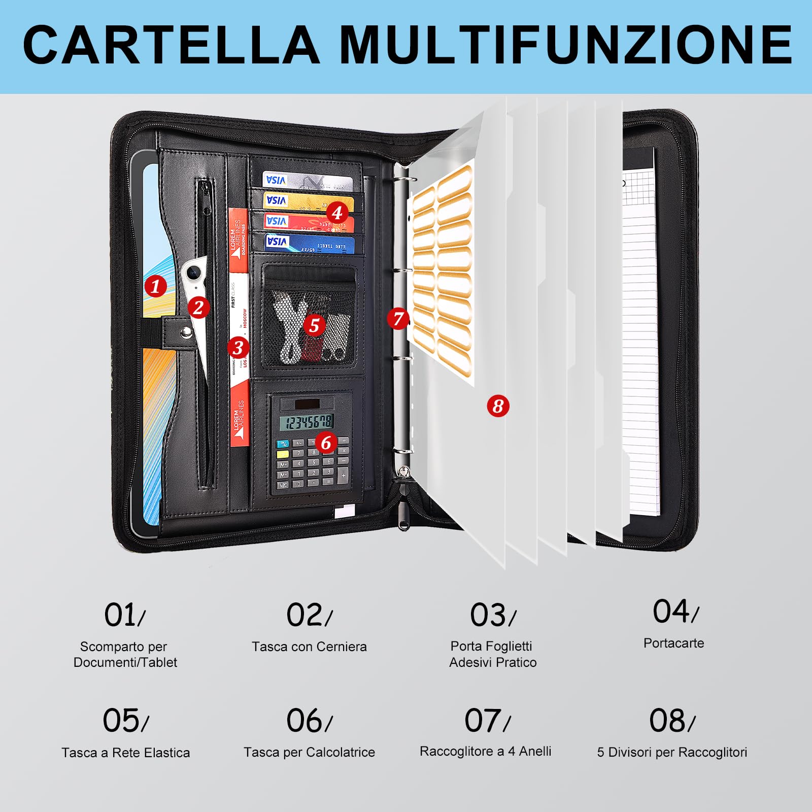 Leathario Cartella portadocumenti A4 pelle vegana organizer con cerniera Nero