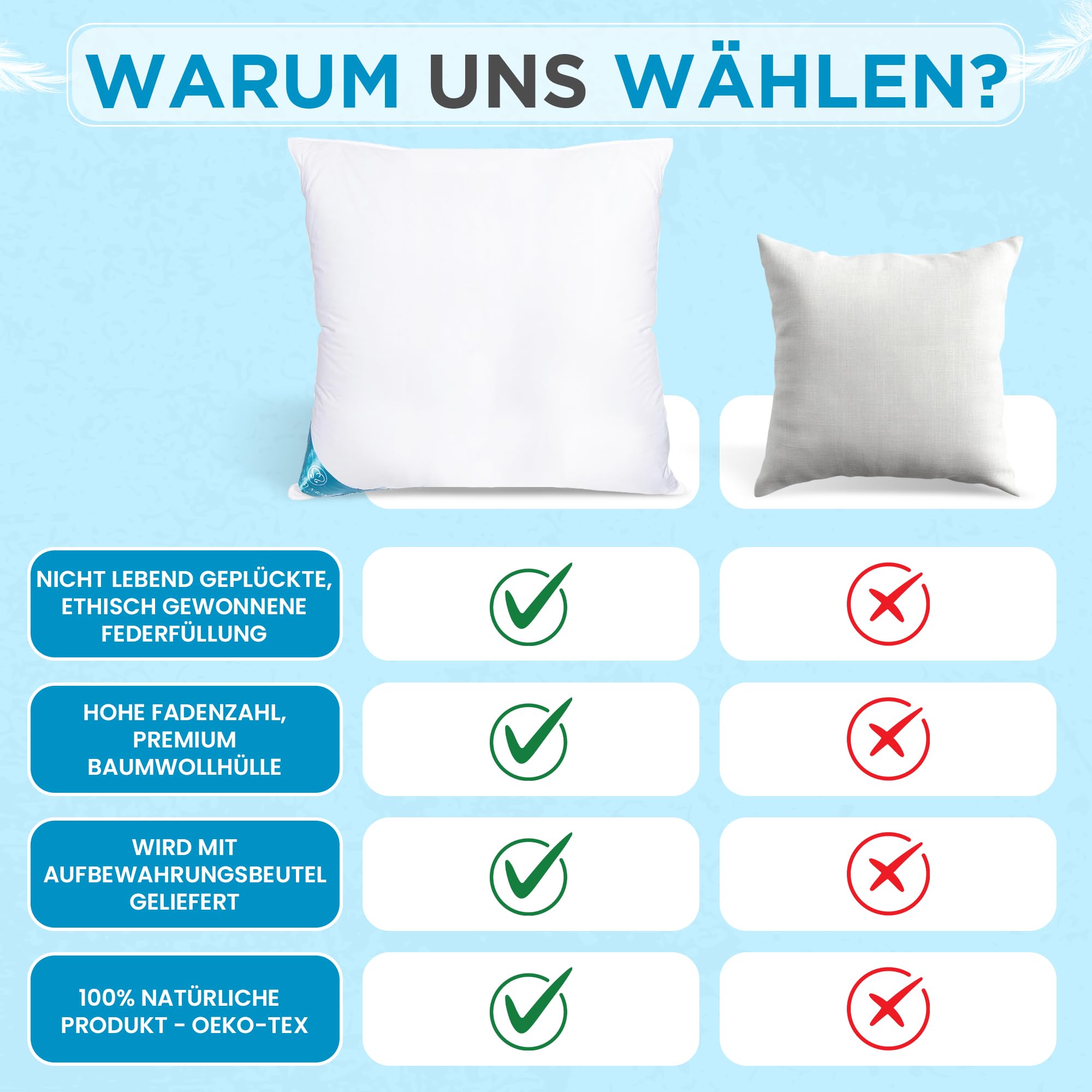50% Daunen 50% Federkissen 80x80cm - Daunenkissen 80x80 Ultra Komfort, Ideale Mischung aus Daunen und Federn, Bezug aus 100% Reiner Baumwolle, Öko-Tex Zertifiziert- 1500 gr