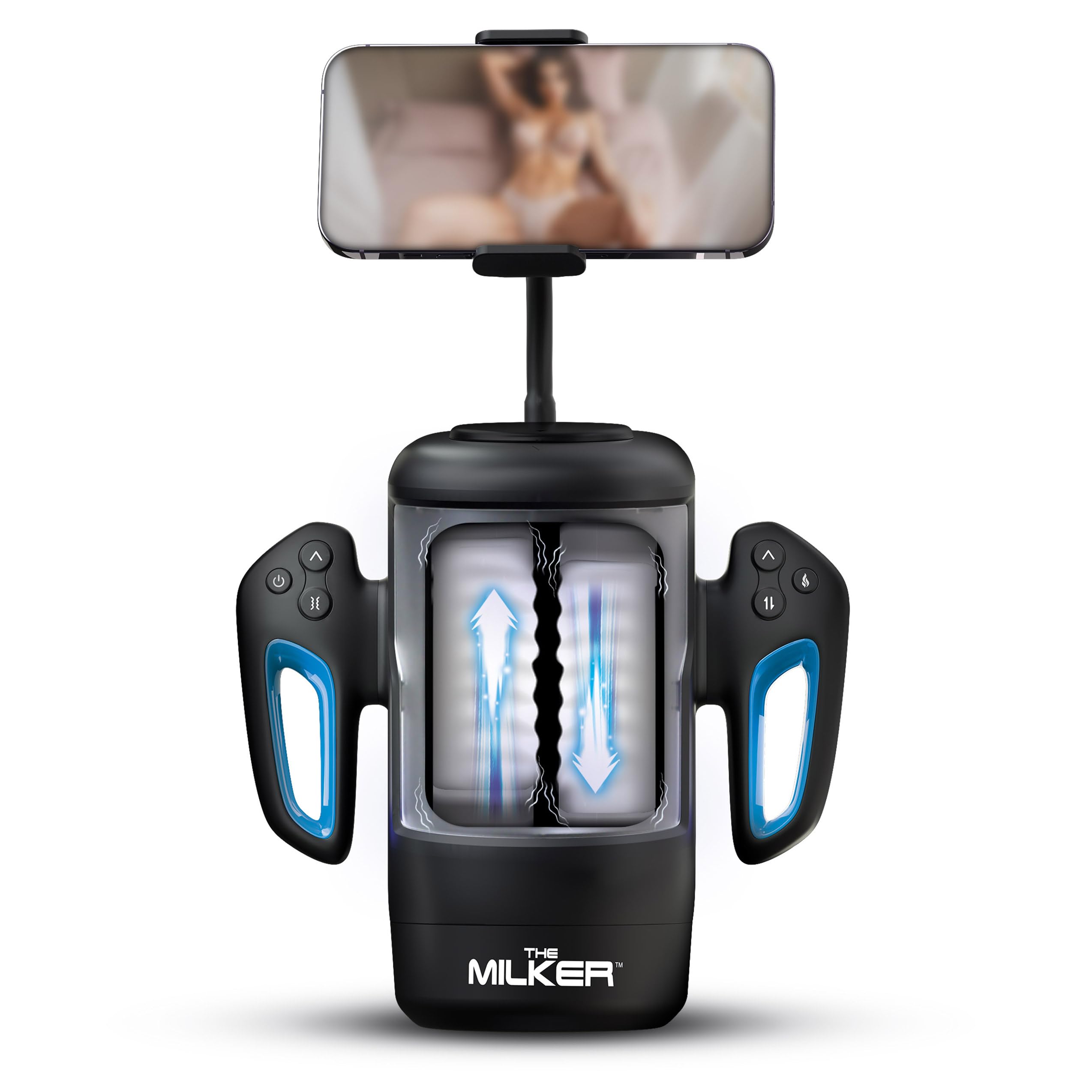 Photo 1 of The MILKER Cyber Milker Stroking & Vibrating Masturbator for Beginners, Men & Couples. Phone Mount. Easy to Clean. Self-Heating. Soft and Stretchy Rubber. 3 Pieces, Black & White.