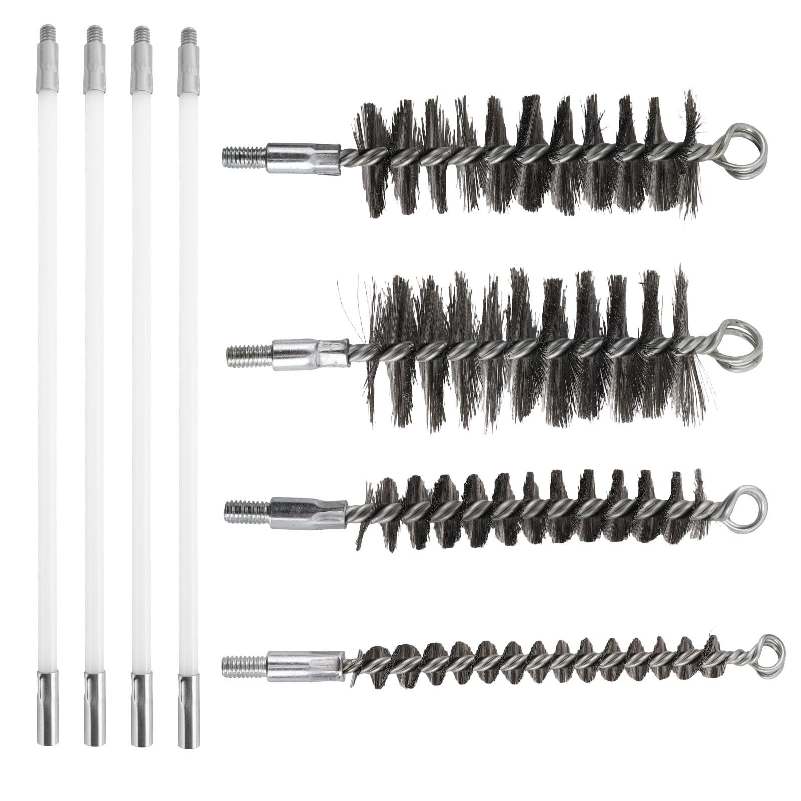 4pcs Pipe Drill Wire Cleaning Brush with 4pcs Nylon Rod Set, Stainless Steel Handle Wire Chimney Pipe Cleaning Brush with Galvanized Threaded Head Nylon Rod Duct Tools