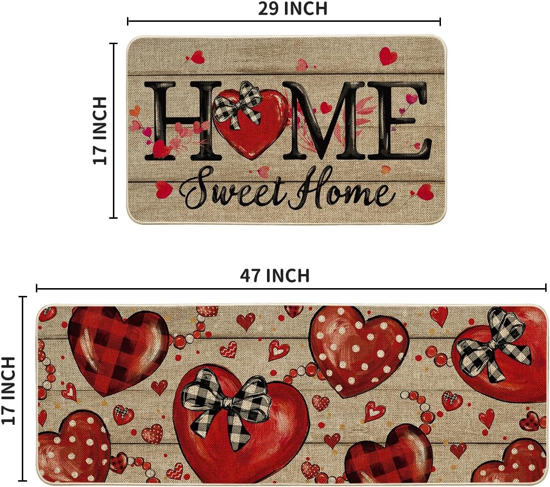 Artoid Mode Home Sweet Home Heart Beads Valentines Kitchen Mats Set of 2, Low-Profile Home Decor Kitchen Rugs for Floor - 17x29 and 17x47 Inch