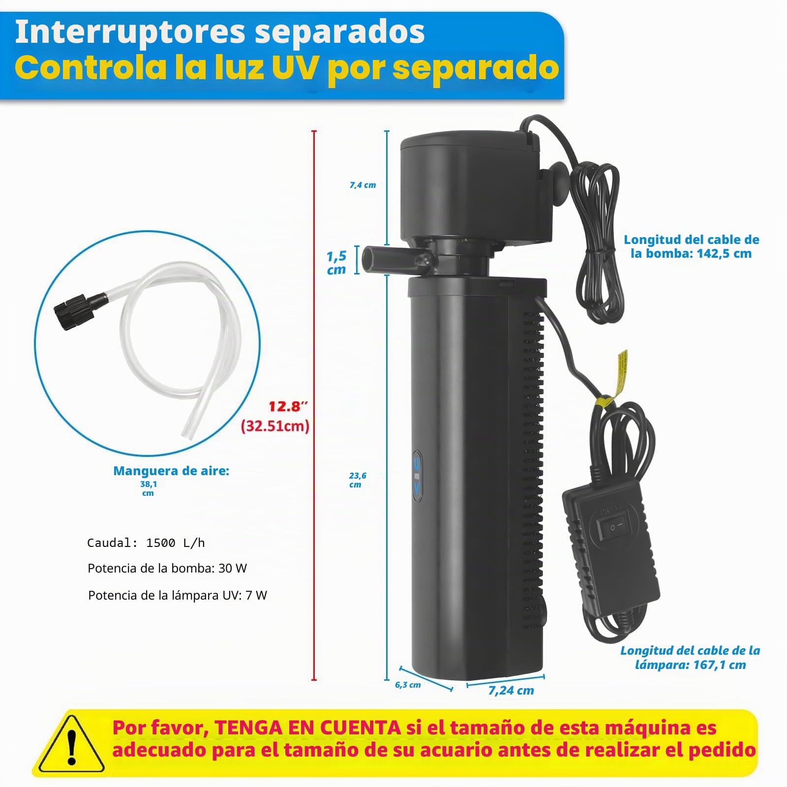 Tararium Filtro para acuario para peceras de 150-560 litros, filtro interior sumergible antialgas UV, bomba de agua de 1500 l/h, clarificante cristalino, eliminador de algas, bomba de agua para