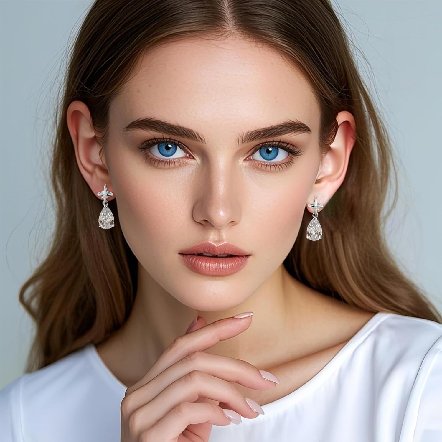 Silver Star Drop Earrings for Women with Cubic Zirconia Teardrop Dangle Earrings Sparkly Jewelry for Bridal or Wedding - Image 3