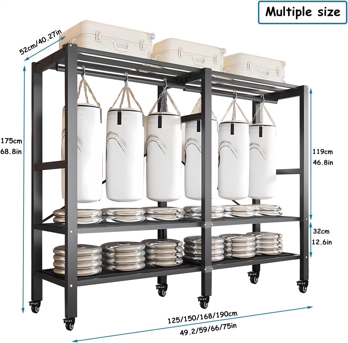 Heavy Duty Covered Clothes Rack with Magnetic Door Foldable Portable Wardrobe Closet for Hanging Clothing Rolling Black Metal Garment Rack on Wheels Closet System (Black, 66.3in/168cm)