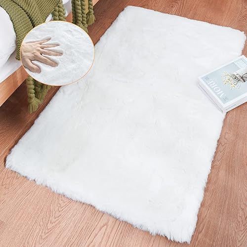 Miniatura 9 de Alfombra blanca de piel sintética de 5 x 7 pies para sala de estar, alfombra lavable para dormitorio, decoración de habitación de niña, alfombra