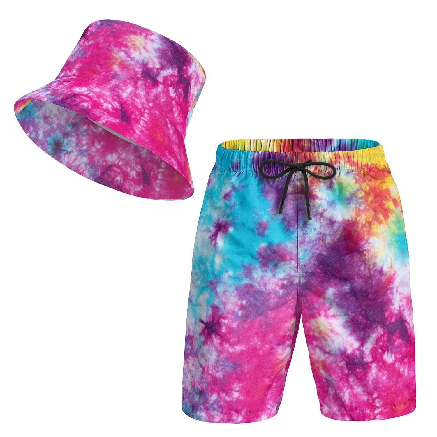 3D Print Bucket Cap and Beach Shorts Set, Summer Outdoor Travel Bucket Sun Hat and Quick Trunks Suit for Man.Large