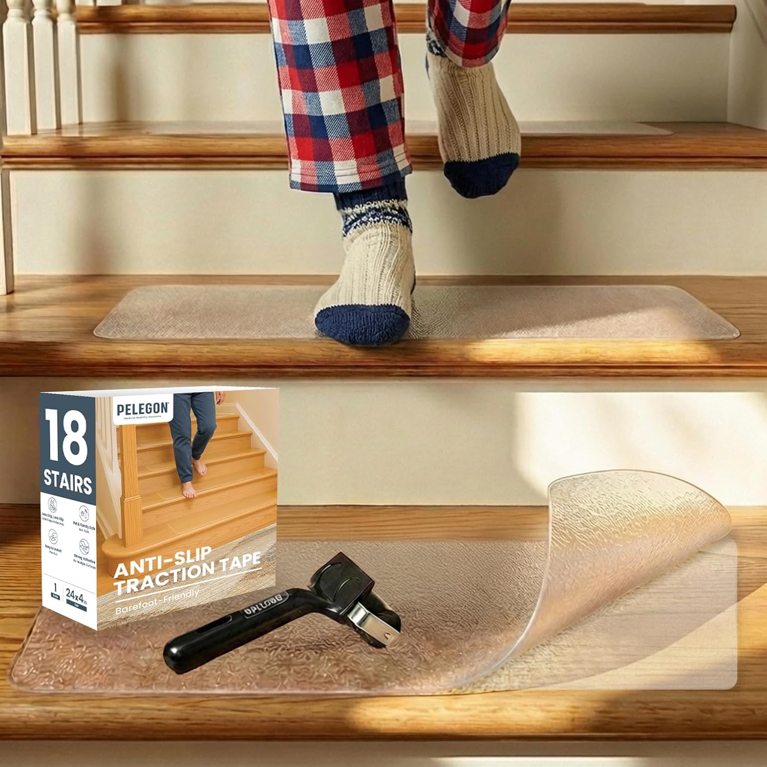PELEGON Anti Slip Tape for Stairs Indoor (18 Stairs) 4"x24" Clear Grip Tape for Wood, Transparent Stair Grips with Roller, Fits Most Stair Surfaces, Non Slip Traction Strip for Seniors, Kids and Pets