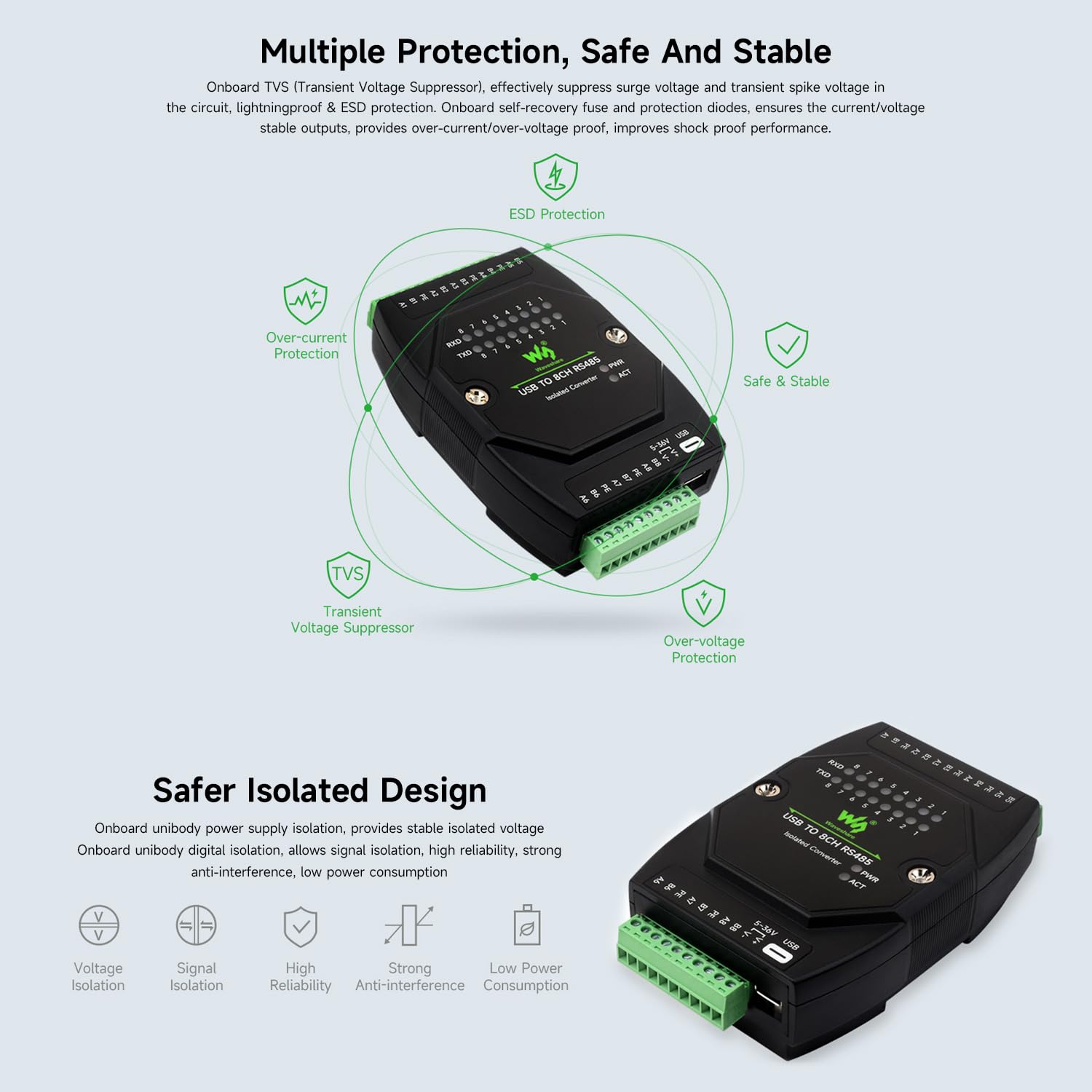 Waveshare USB to 8CH RS485 Industrial Grade Isolated Converter, USB to RS485 Adapter, Multiple Protection Circuits, Wall-Mount and Rail-Mount Support, Multi-OS Compatible