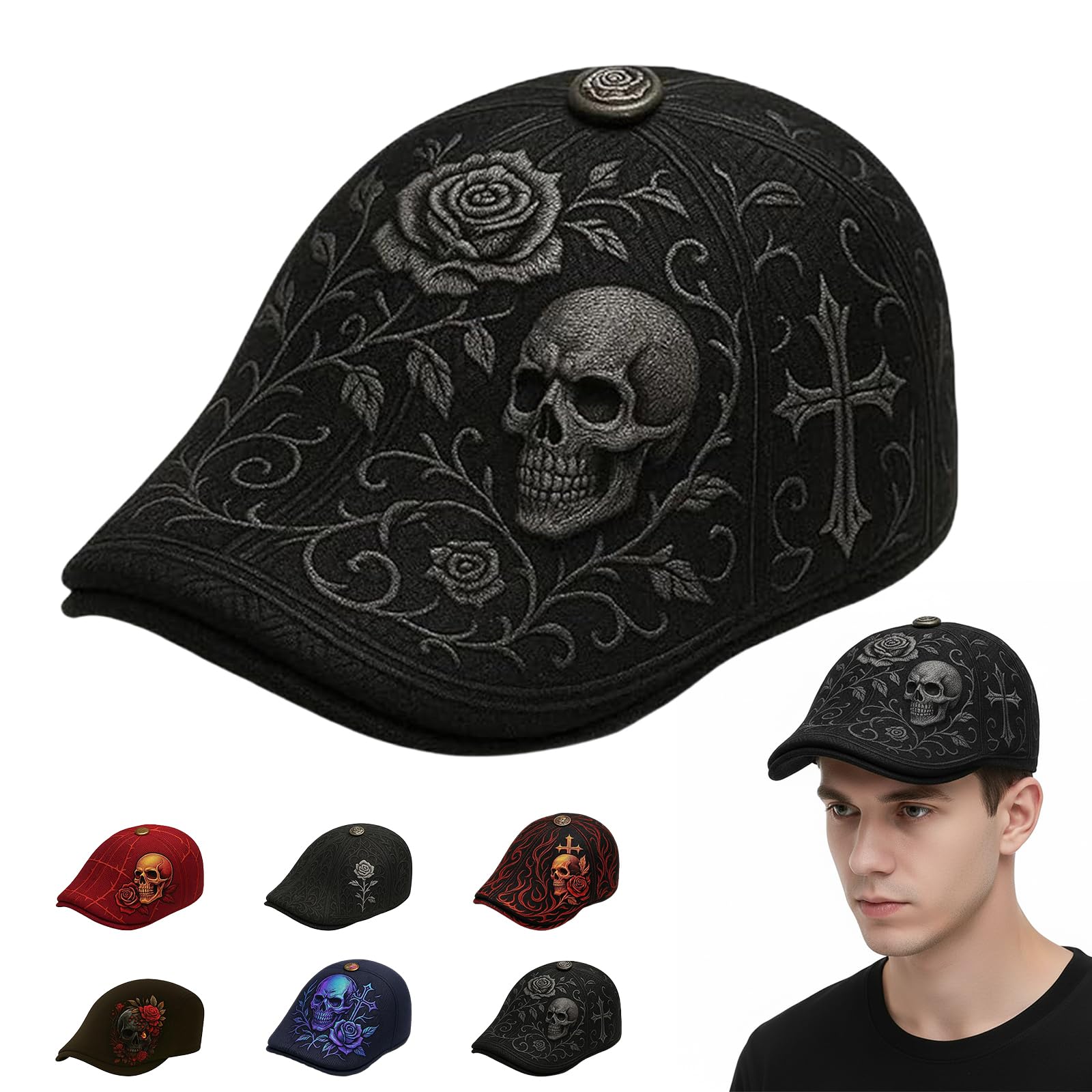 CHANGYUE Casquette Plate crâne et épine, Chapeau rétro réglable Gothique avec crâne, Rose et Croix, Cadeau Mode