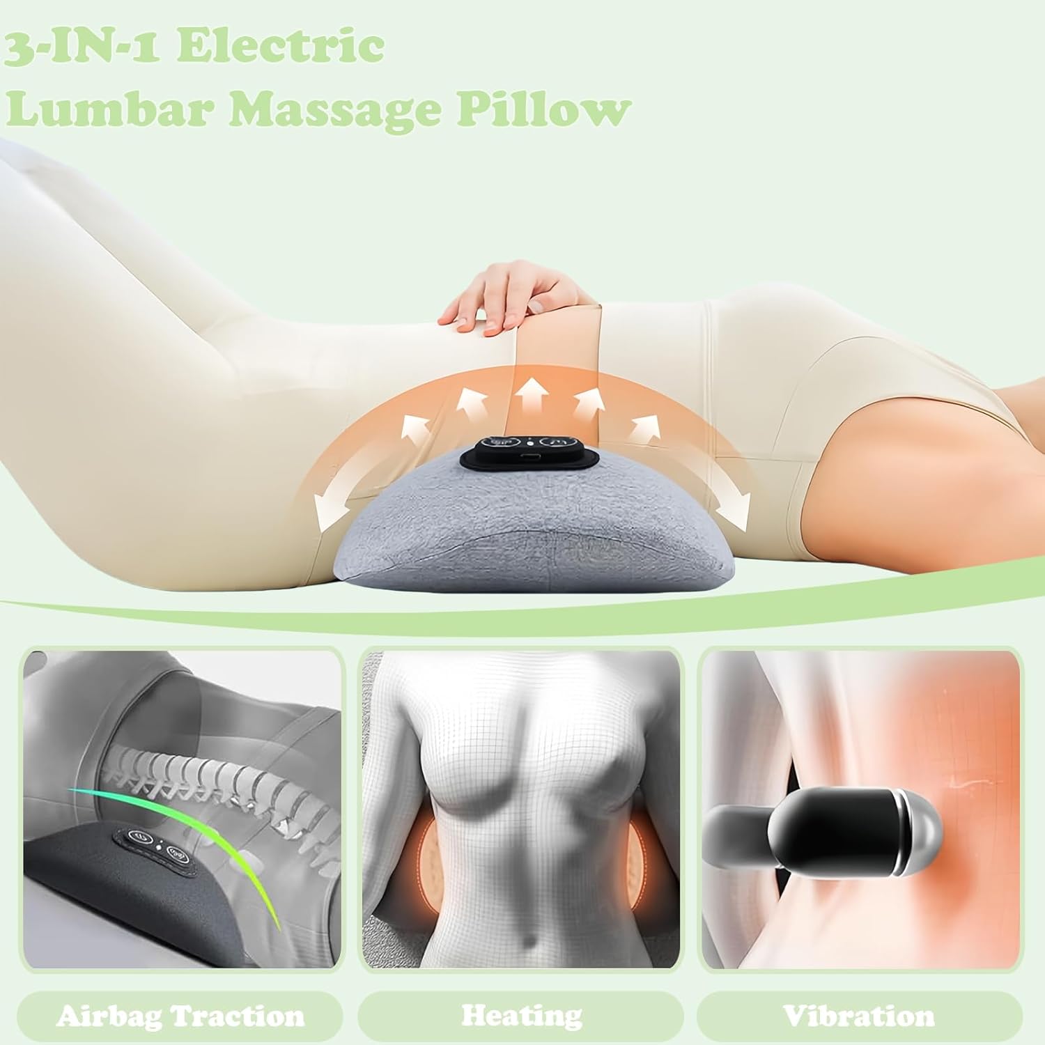 3 in 1 Back Massage Lumbar Pillow, Heated Lumbar Support Pillow for Sleeping, Back Pillow for Car Seat, Office Chair, Recliner and Bed, Relieves Lower Back Pain and Enhances Posture(Gray)