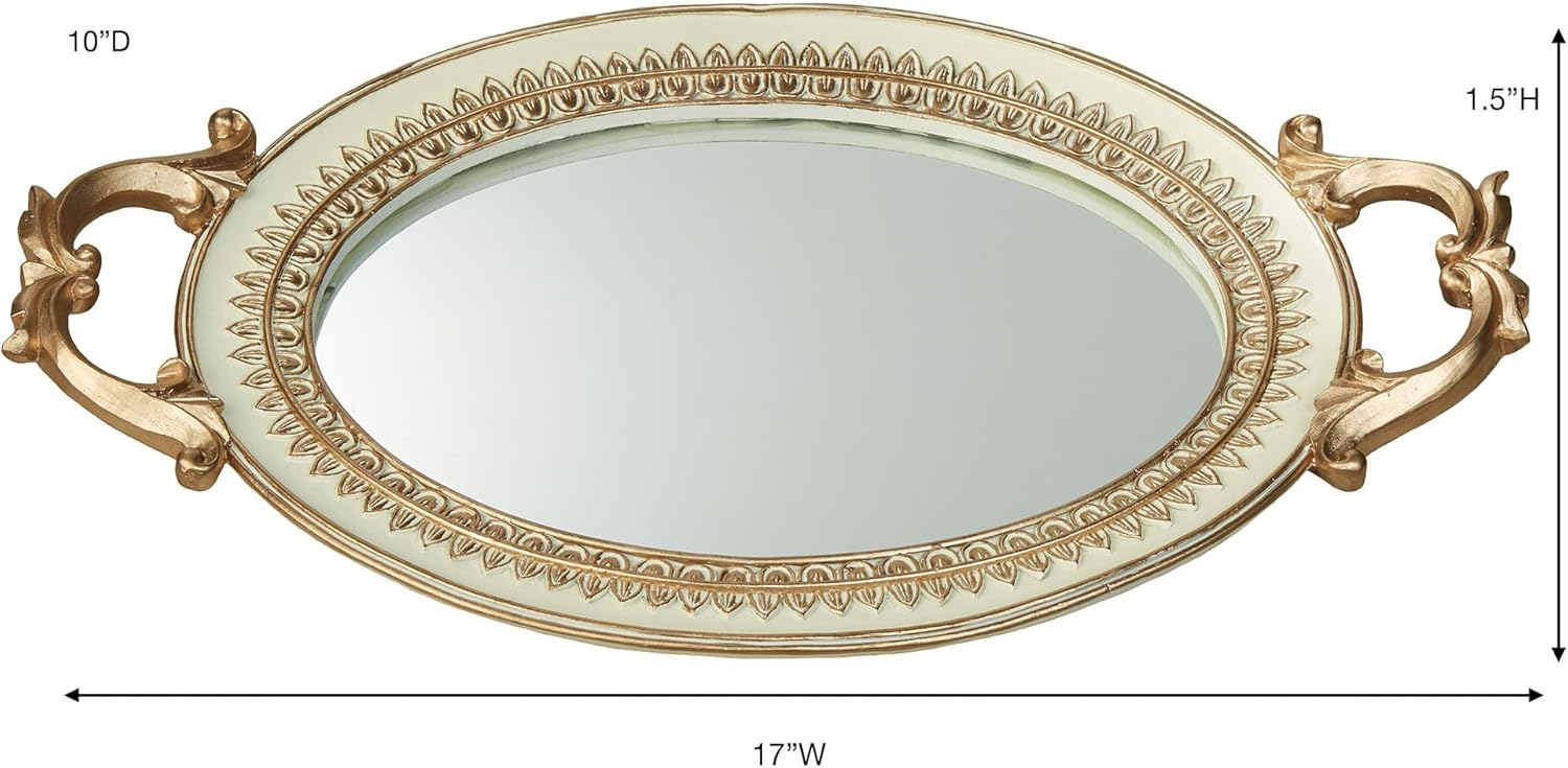 Palecia Mirrored Vanity Tray | Neutral Ivory | Metallic Gold Acanthus Leaf Scrollwork Handles & Traditional Trim Details | Oval Glass Mirror Bottom | Perfect for Your Fine Perfume, Jewelry, or Makeup