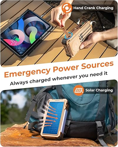 Vista 2 de BLAVOR Banco de energía solar con manivela y 4 cables, cargador portátil inalámbrico de 74000 mWh con USB C y luz de campamento, batería de carga