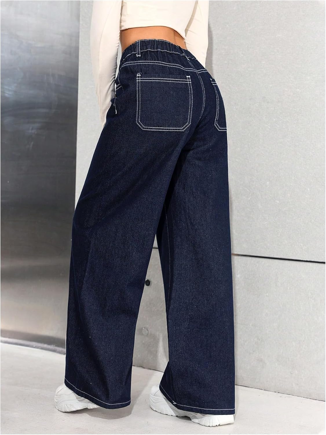 GORGLITTER Girl's Baggy Jeans Y2k Wide Leg High Elastic Waisted Straight Leg Streetwear Denim Pants with Pockets