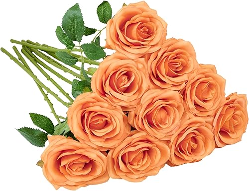 IUKnot Ramo de rosas artificiales, 10 unidades, color naranja, tallos de rosas sintéticas para arreglos de boda, ramo de novia, centro de mesa,