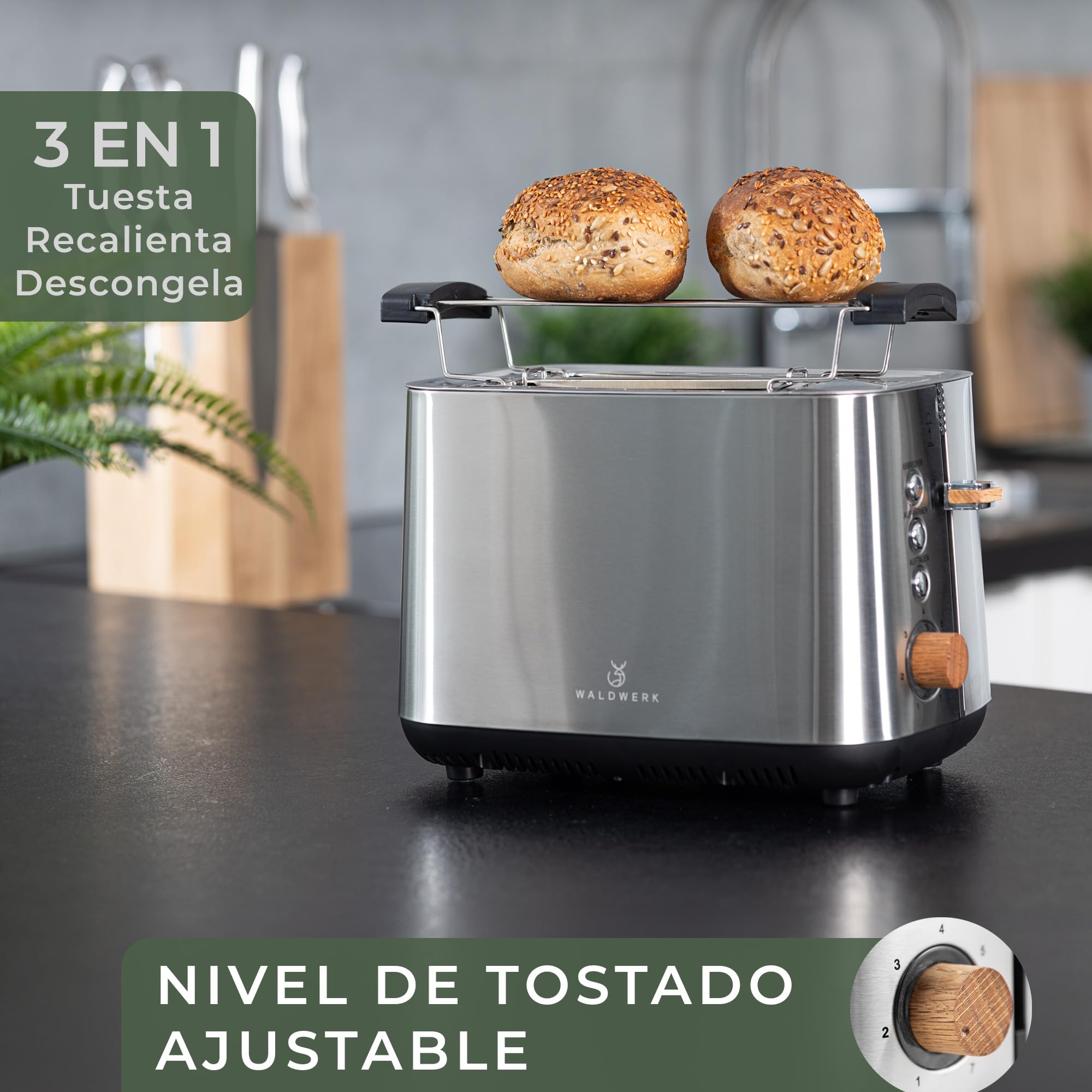 WALDWERK Tostadora Pan diseño – Tostador de acero inoxidable 304 y madera de roble – para 2 rebanadas – con soporte para panecillos – con ranuras extra anchas y profundas – con bandeja recogemigas
