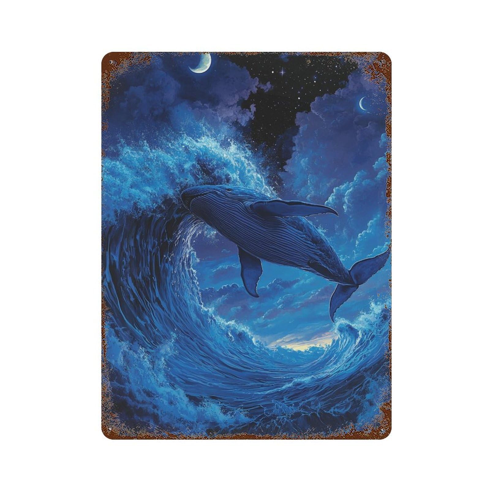 Whale Riding Ocean Wave Vintage Wall Sign 15.7"x11.8", Rust Effect Metal Decor for Garage, Bar And Workshop Decor