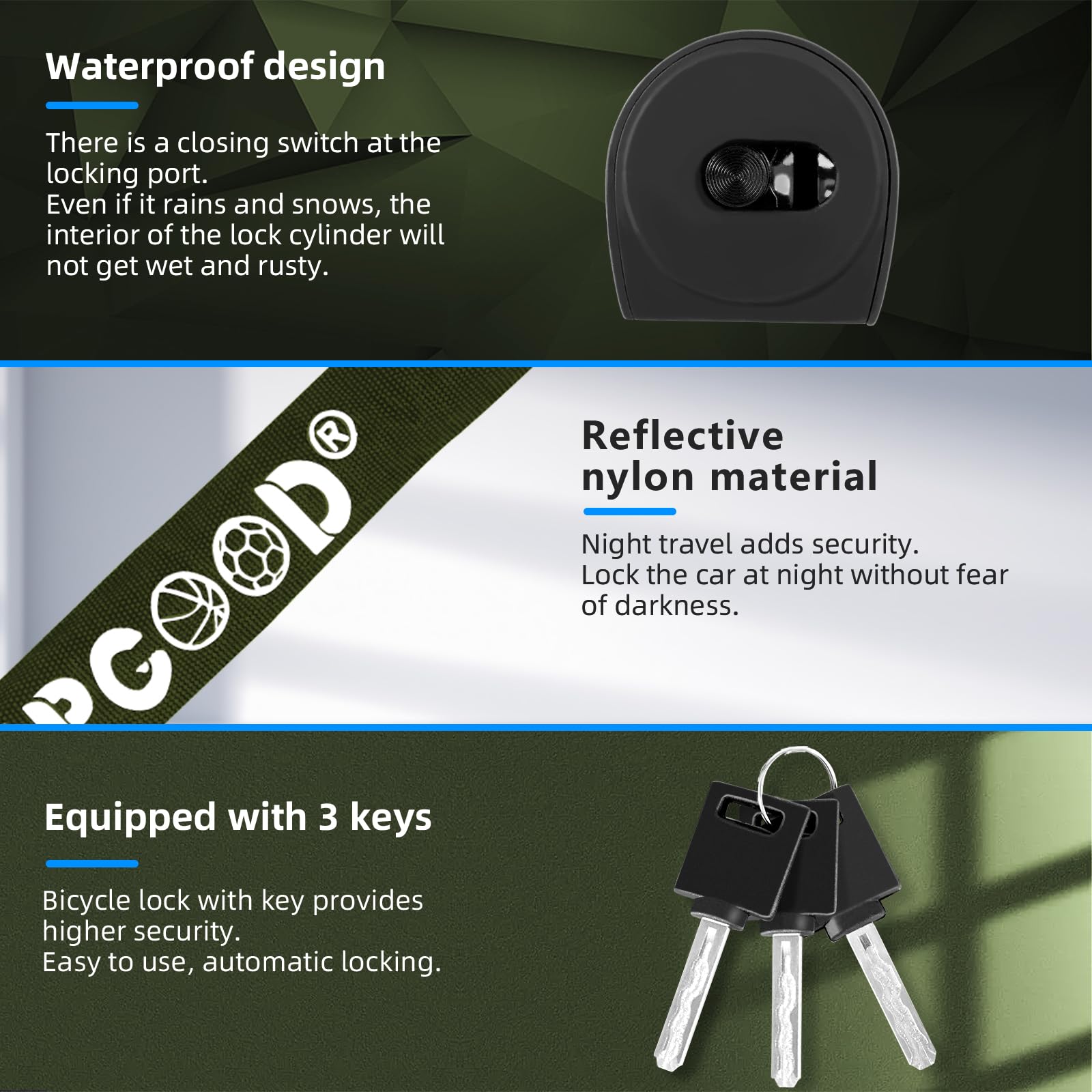 SPGOOD Lucchetto per bicicletta con 3 chiavi, 90 cm in catena in acciaio da 6 mm, con copertura impermeabile, antifurto, ad alta sicurezza per bicicletta, e-bike, MTB, moto(Verde oliva chiaro)