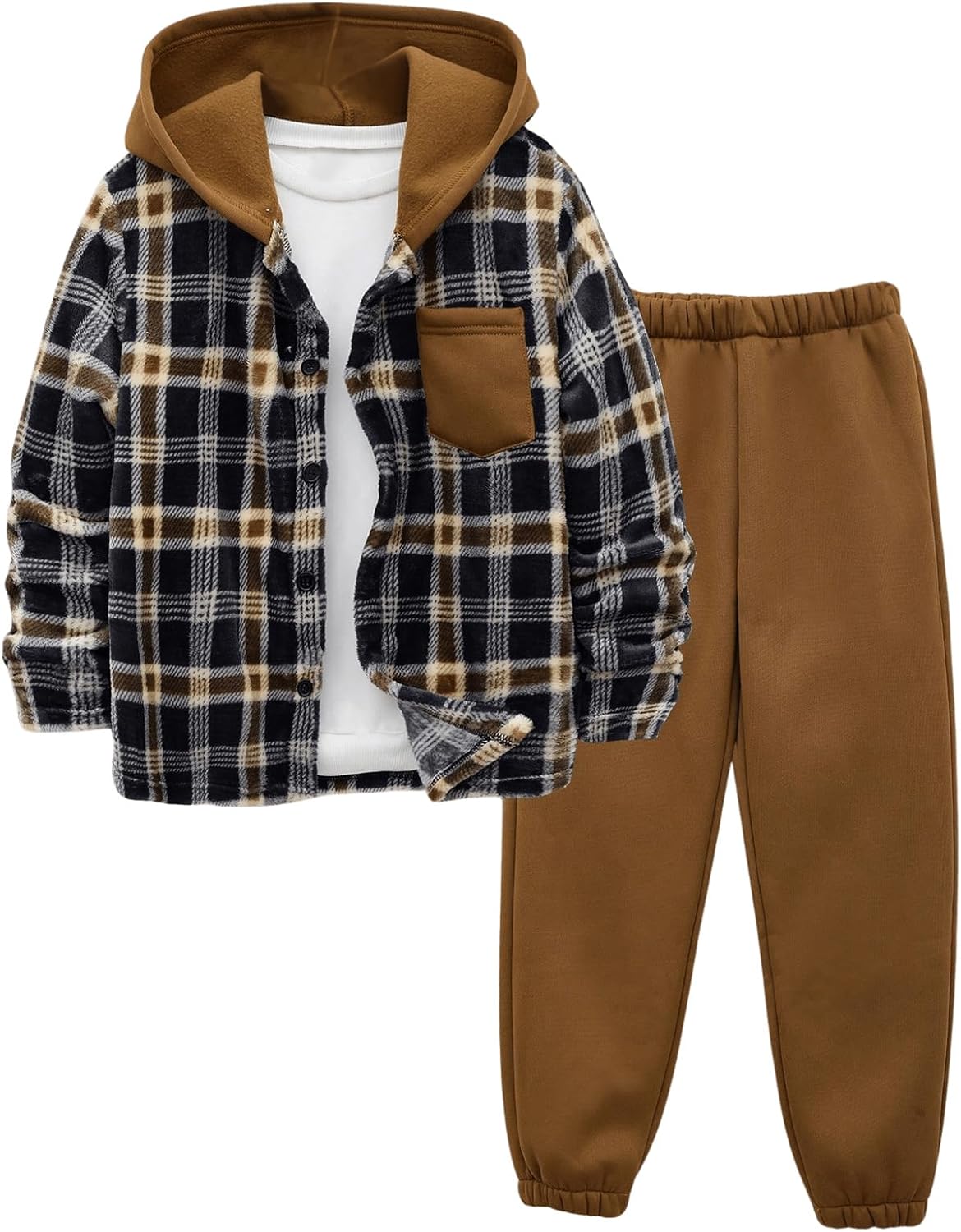 WDIRARA Boy's 2 Piece Set Plaid Button Down Hooded Jogger Sweatpants Outfits