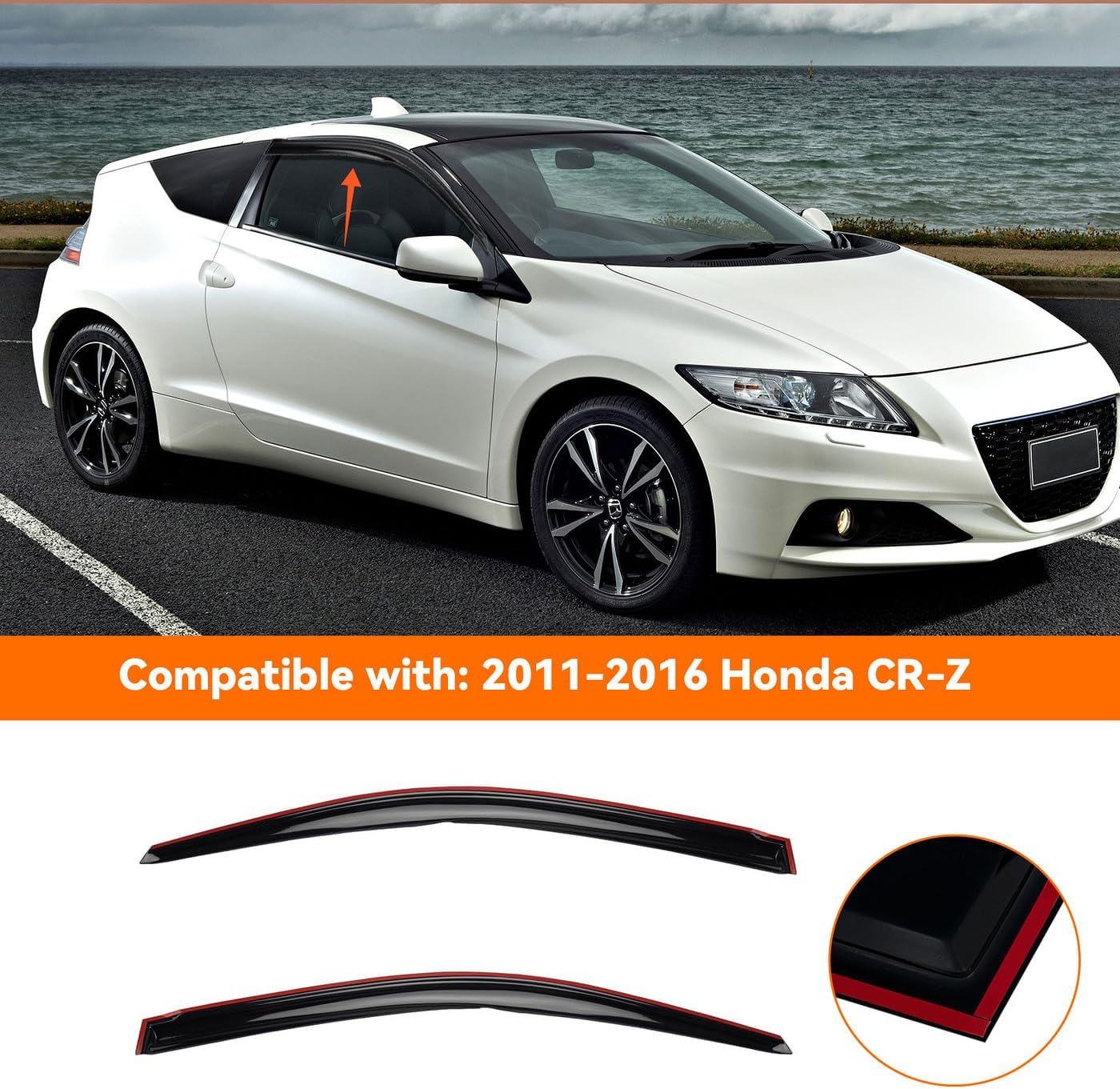 2pcs JDM 3D Wavy MU Style Window Visors Compatible with 2011-2016 Honda CR-Z, Left+Right Outside Mount Type Dark Smoke Tint Tape-On Side Sun Rain Guards Set of 2