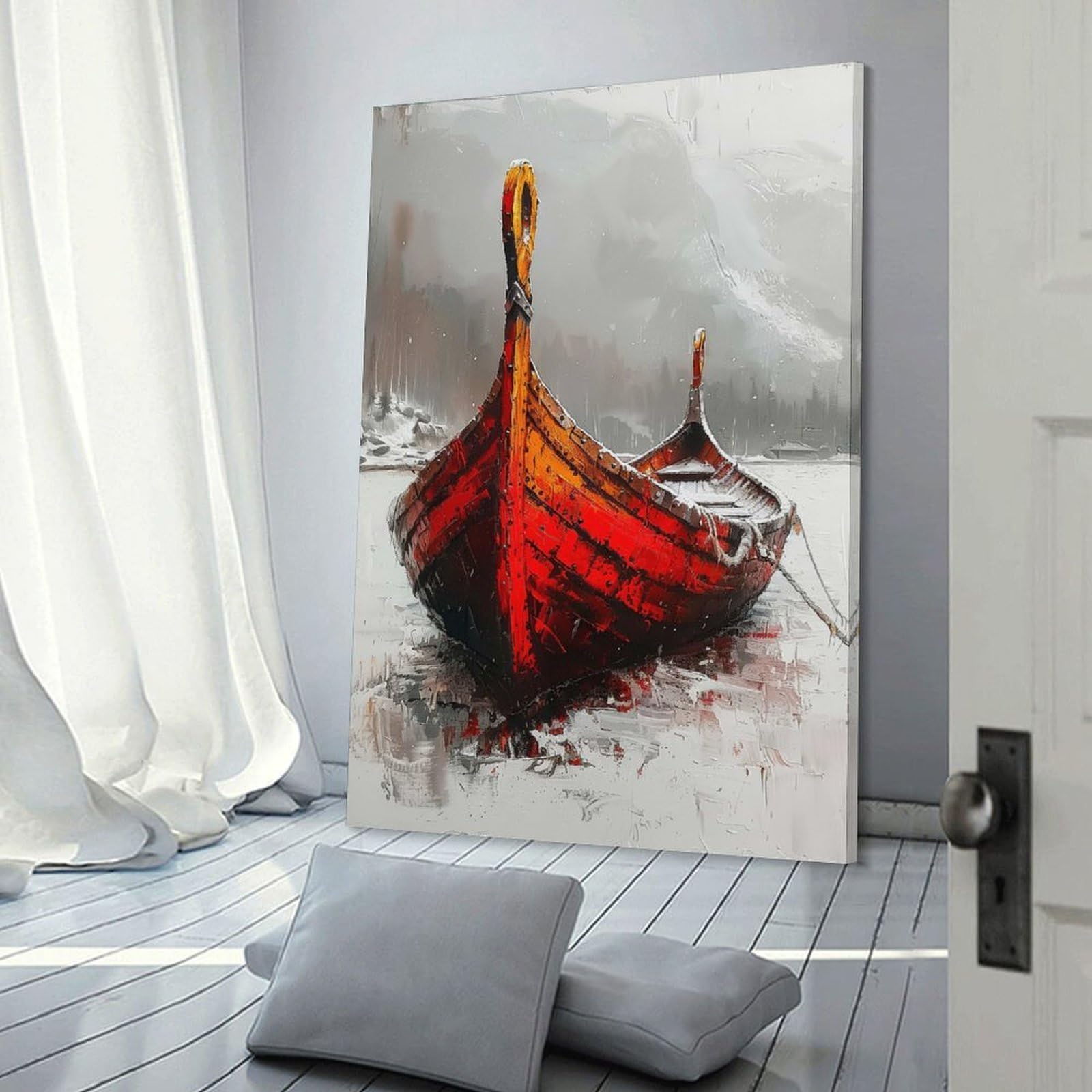 Junmoney Frame-Style Wall Picture Print Winter Boat Painting, 20X30inch(50X75cm), For Entrance Walls, Hall Decor Or Foyers, Home Artwork For First Impressions