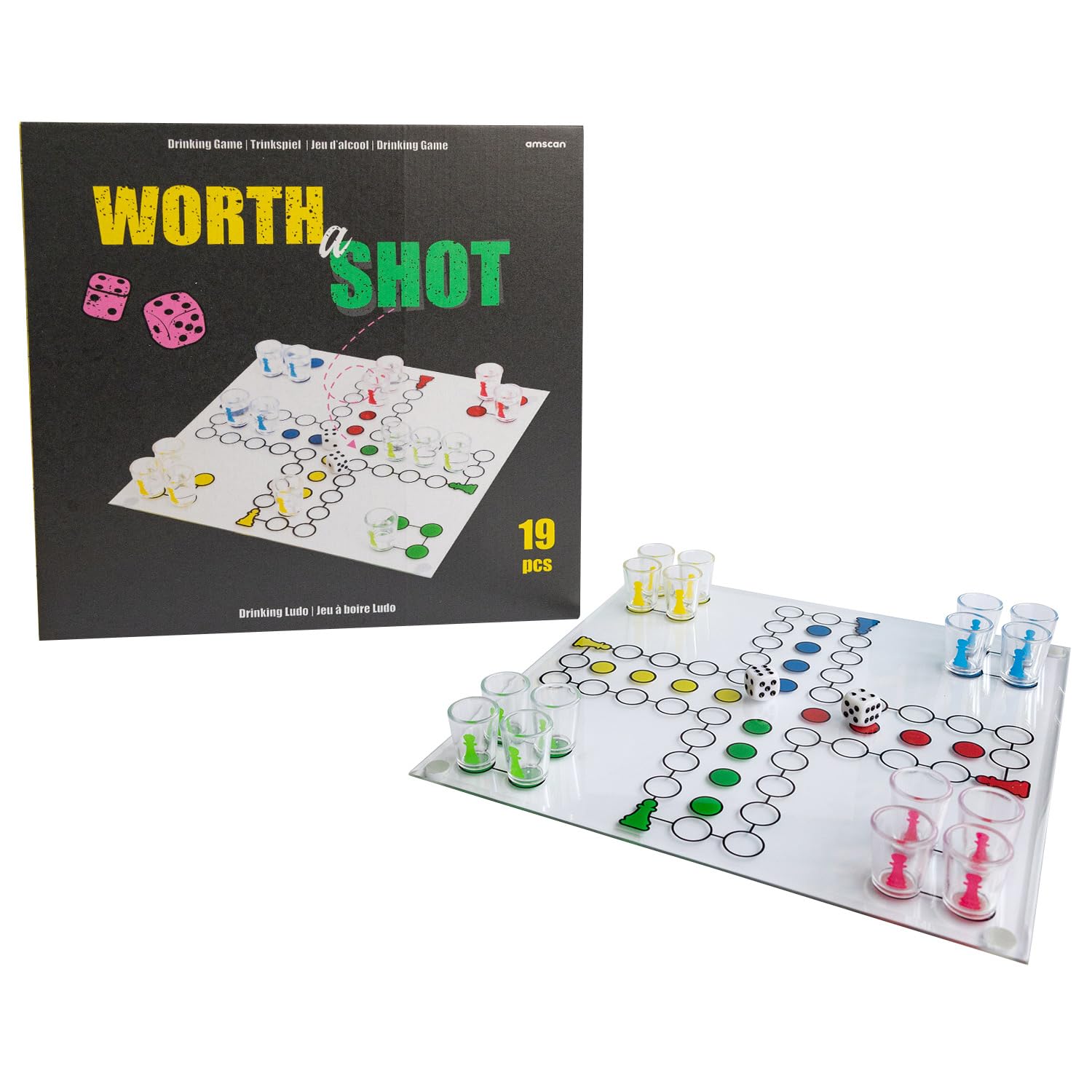 amscan - Drinking Ludo Drinking Game, 1 Game Board, 16 Glasses, 2 Dice, Drinking Games, Party Game